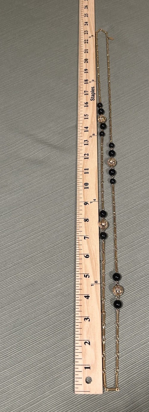 vintage Monet gold-tone bar/link station necklace black bead gold filigree balls