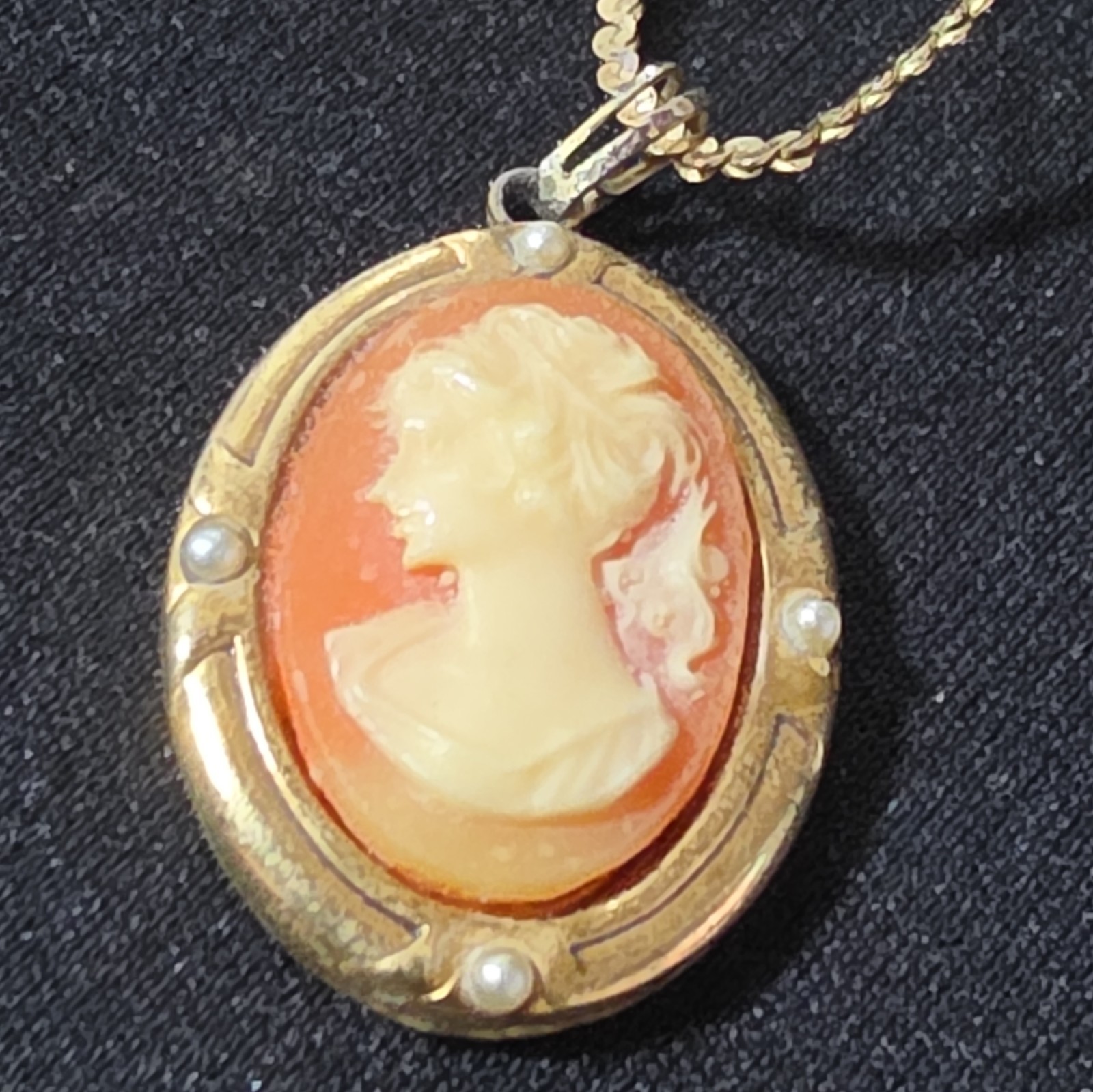 Oval Cameo Portrait Pendant Necklace, Gold Tone Setting, Orange & Cream