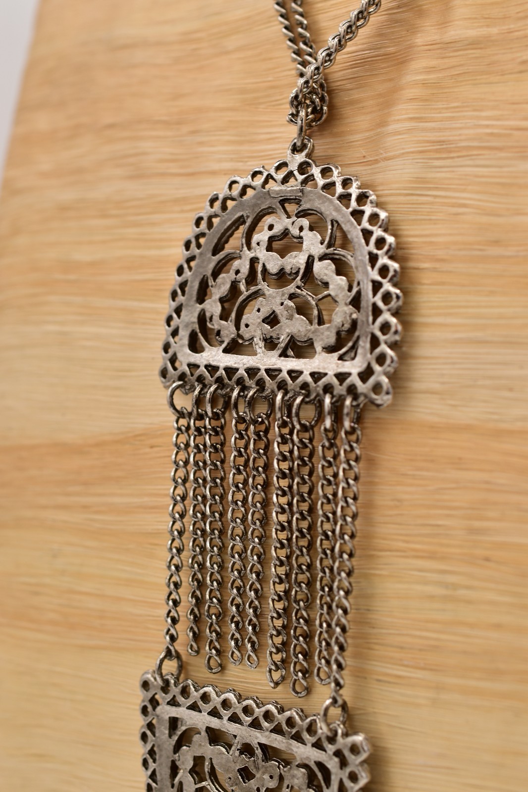 Vintage Silver Filigree Tassel Necklace Long Statement Fringe Chain 1970s Bin3C