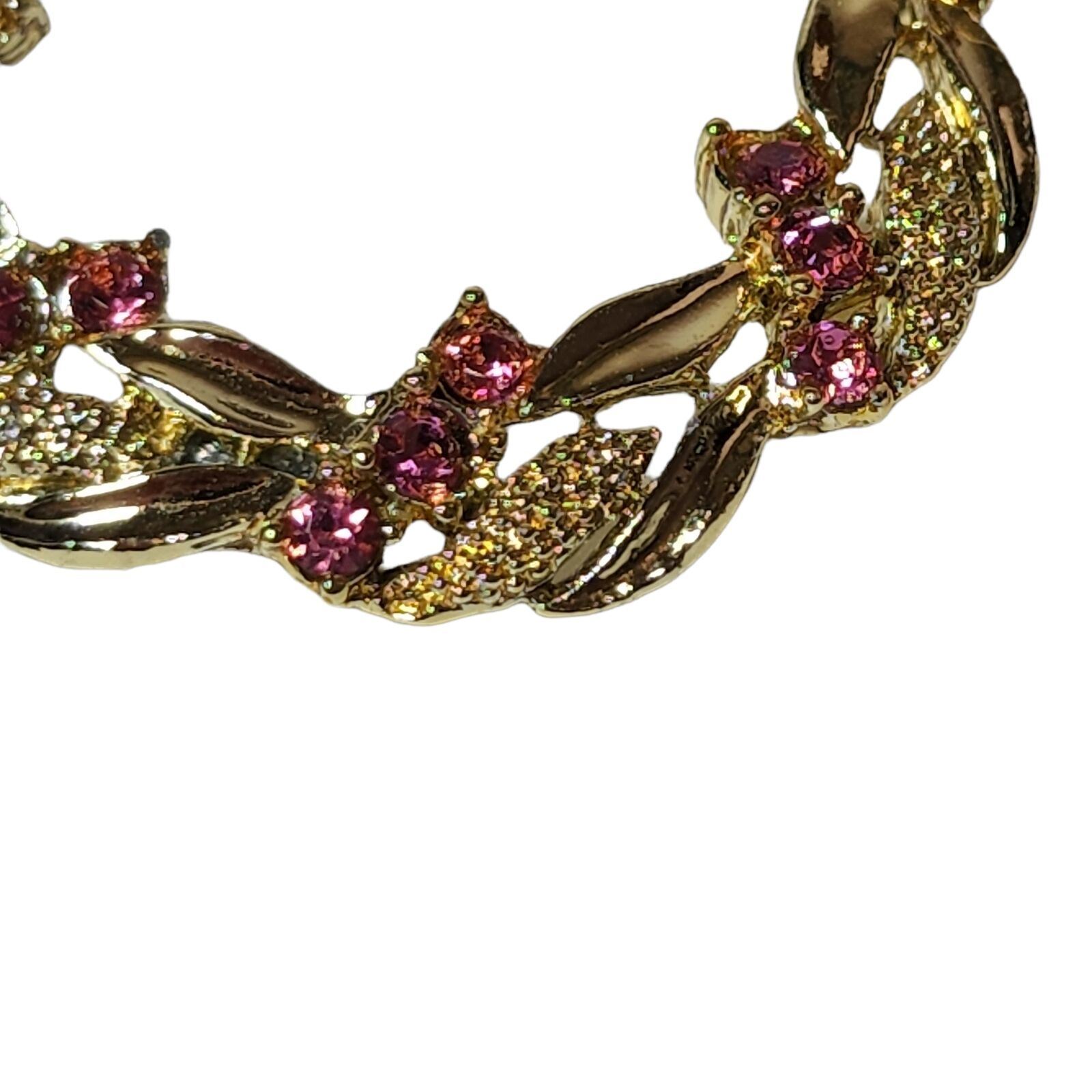 Vintage Signed Garry’s Brooch Gold Tone Pink Rhinestones Wreath Circle Floral