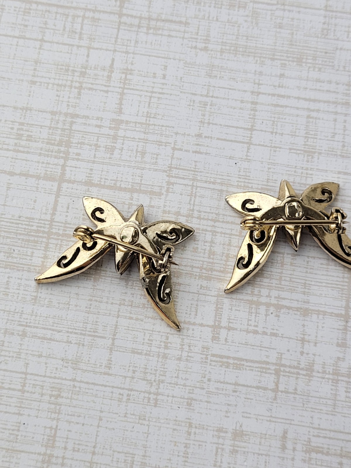 2 Small Gold Tone Butterfly Scatter Pins With Amber Brown Rhinestones 1″