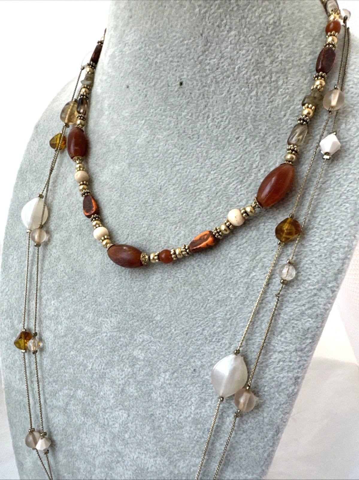 vtg *2 Necklaces Stack* Earthtones GOLD bead chain textured Jewelry Lot-1 signed