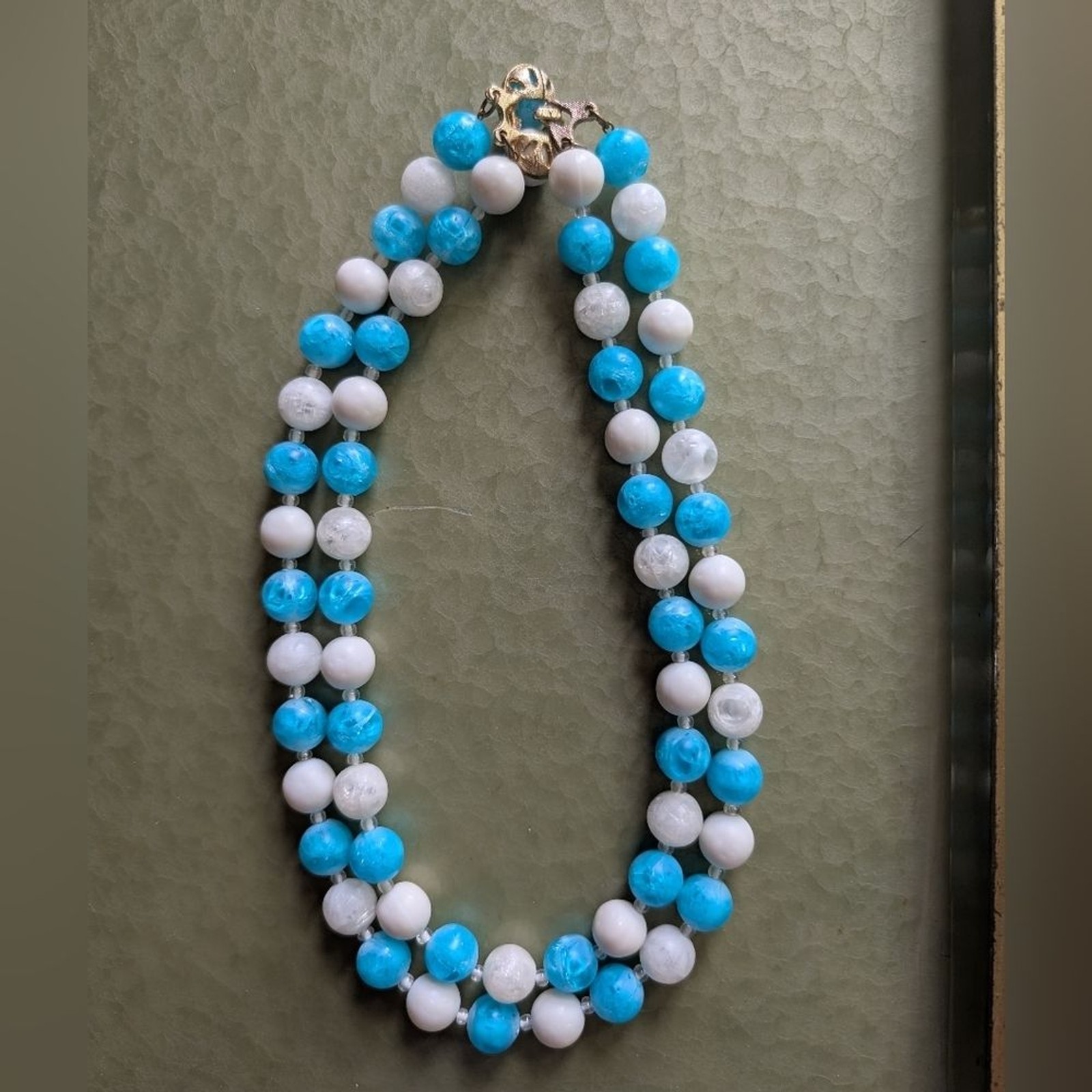 Kramer Vintage Deadstock Blue And White Beaded Necklace And Clip On Earrings