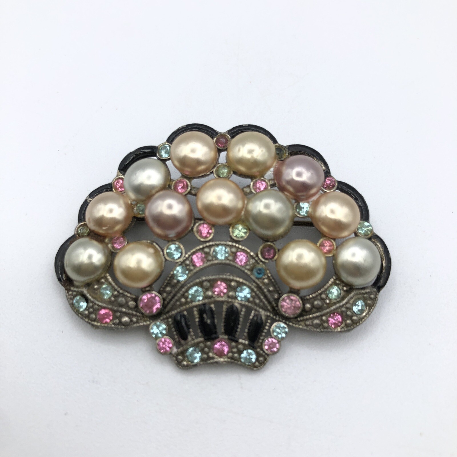 Vintage New England Glass Works Brooch Pastel Pearl Rhinestone Basket Brooch