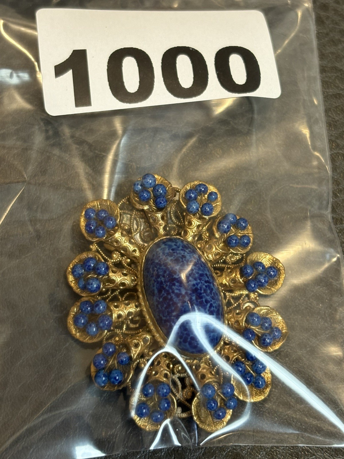 Vintage Large Faux Lapis Wire Beads Gold Tone Filigree Fur Clip Brooch