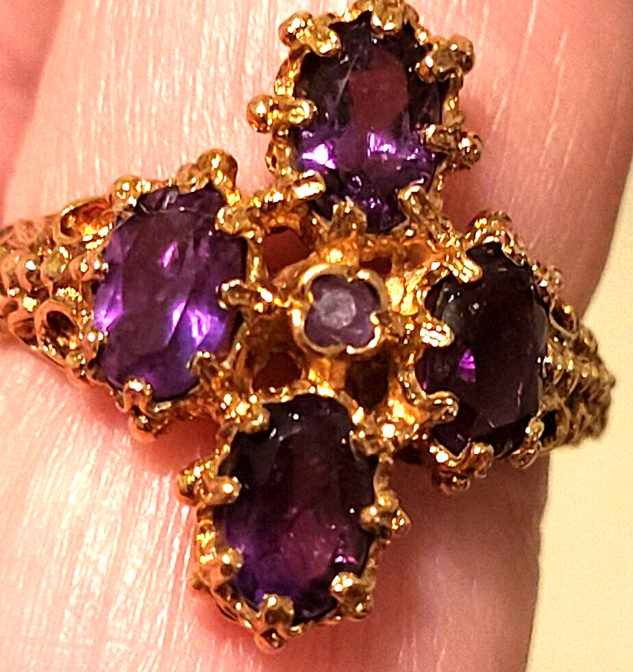 LARGE ANTIQUE 9K ROSE GOLD CLUSTER AMETHYST 5 STONE VICTORIAN FILIGREE