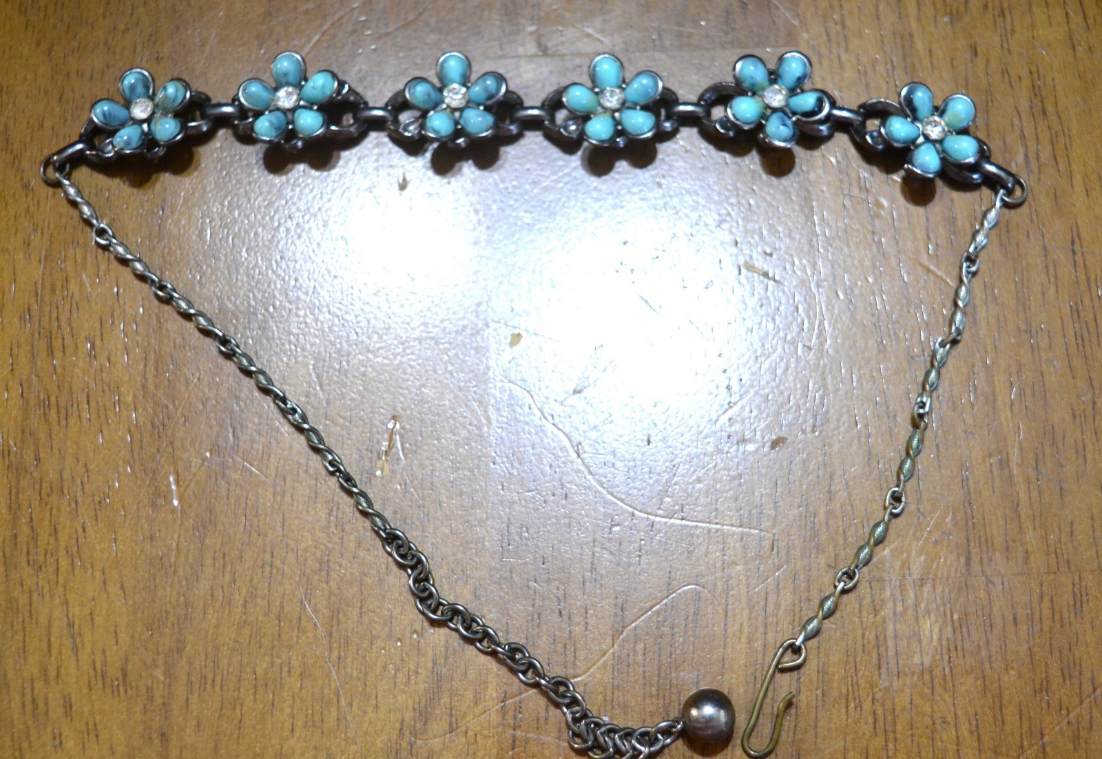 VTG Blue Opal Turquoise & Rhinestone Sterling Silver Bracelet & Necklace Choker