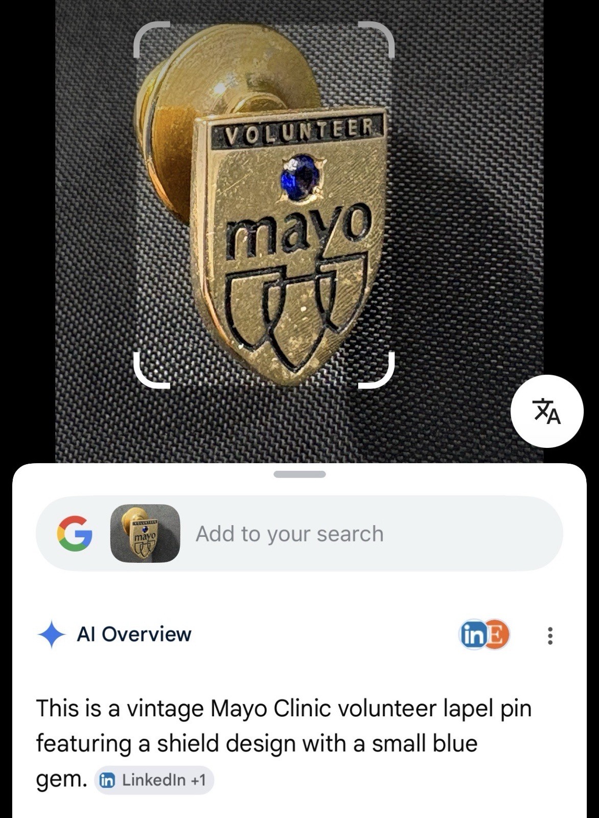 Vtg Gold Tone Mayo Shield Design With Blue Gemstone Volunteer Hat/Lapel/Tie Pin