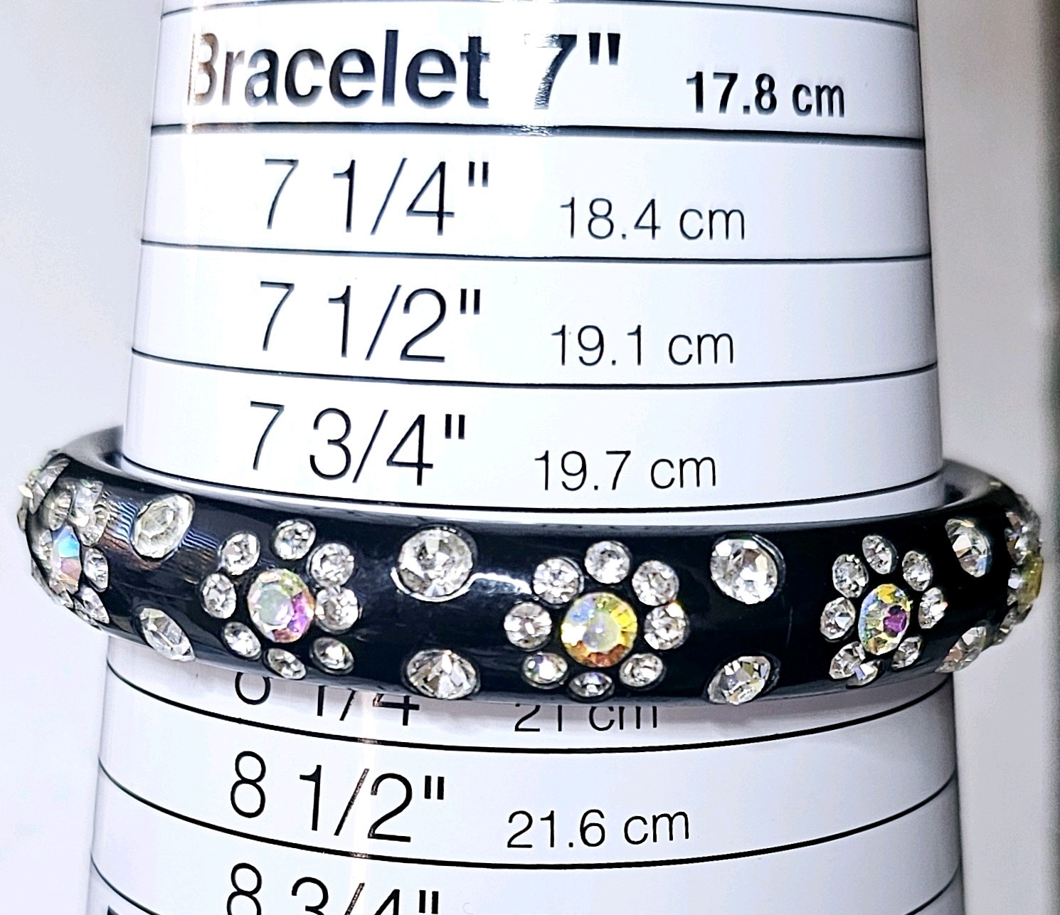Vintage Bracelet Black Lucite Flowers White & AB Rhinestones All Around