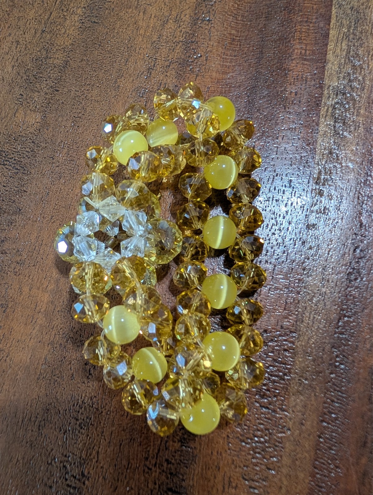 Handmade Yellow Crystal Beaded Stretch Bracelet Cat’s Eye Floral Statement Brace