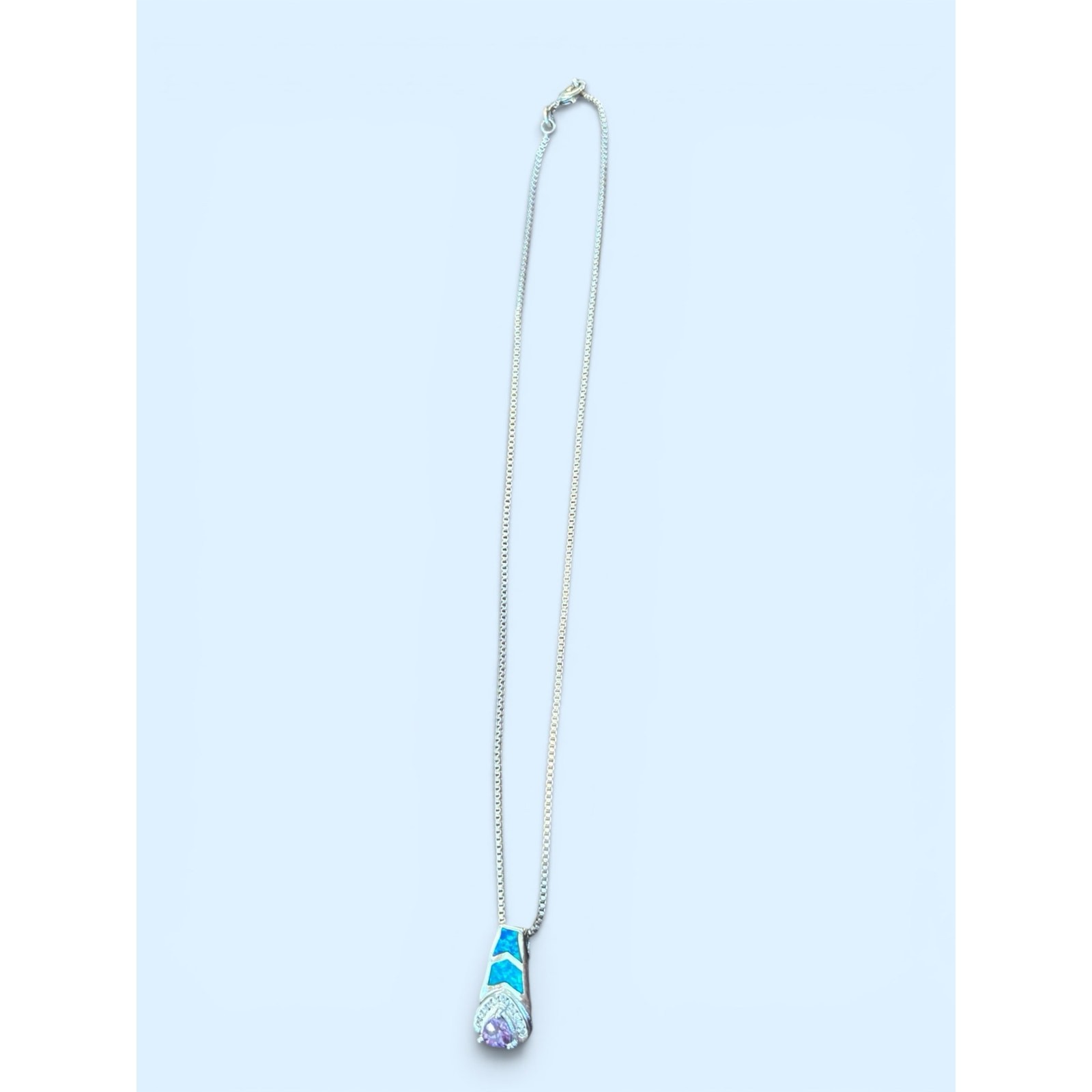 925 Silver Blue Opal Chevron Necklace Purple Teardrop Art Deco Glam