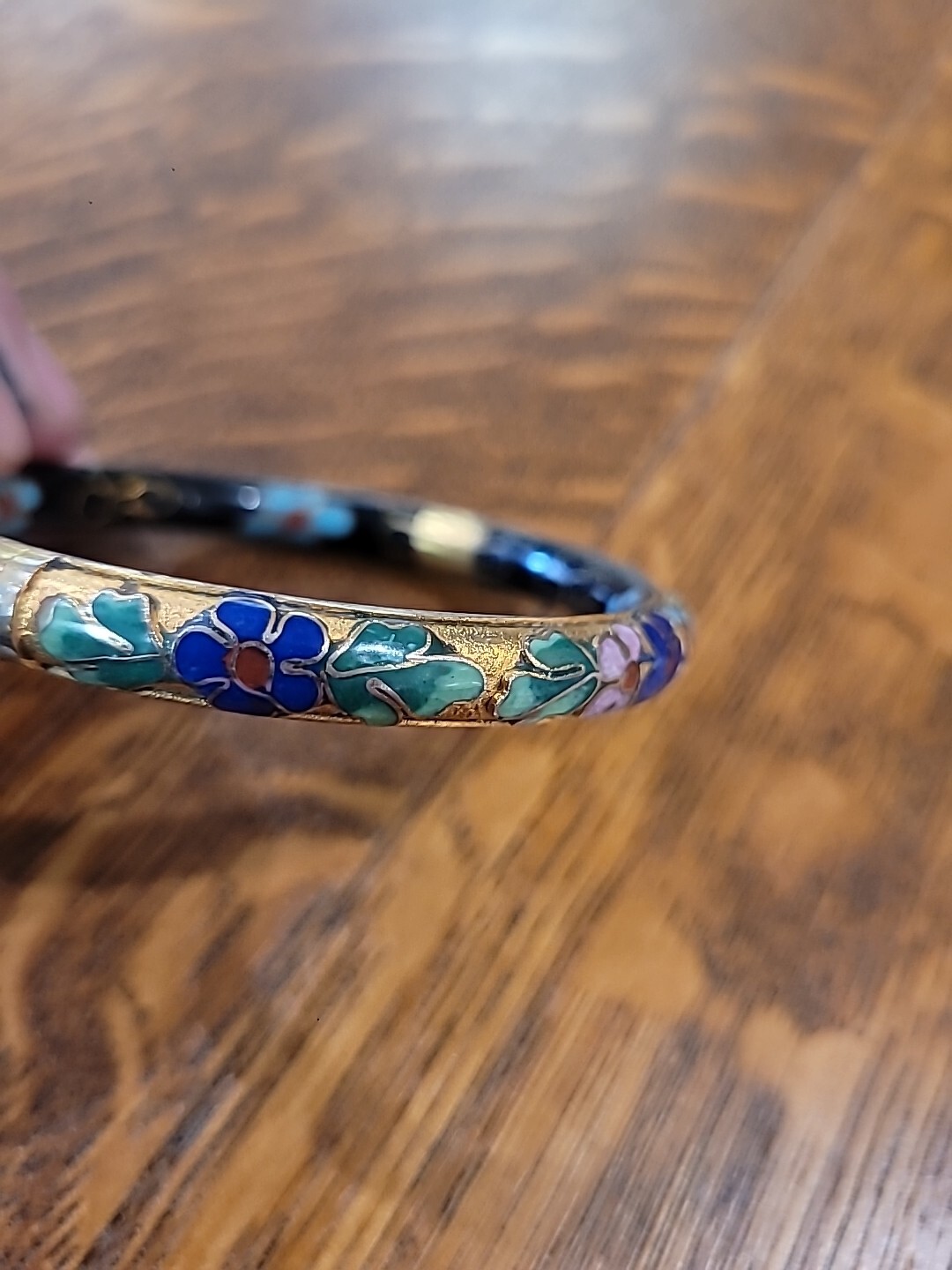 Vintage Chinese Gold Cloisonne Enamel Flowers Opening Hinged Bangle Bracelet
