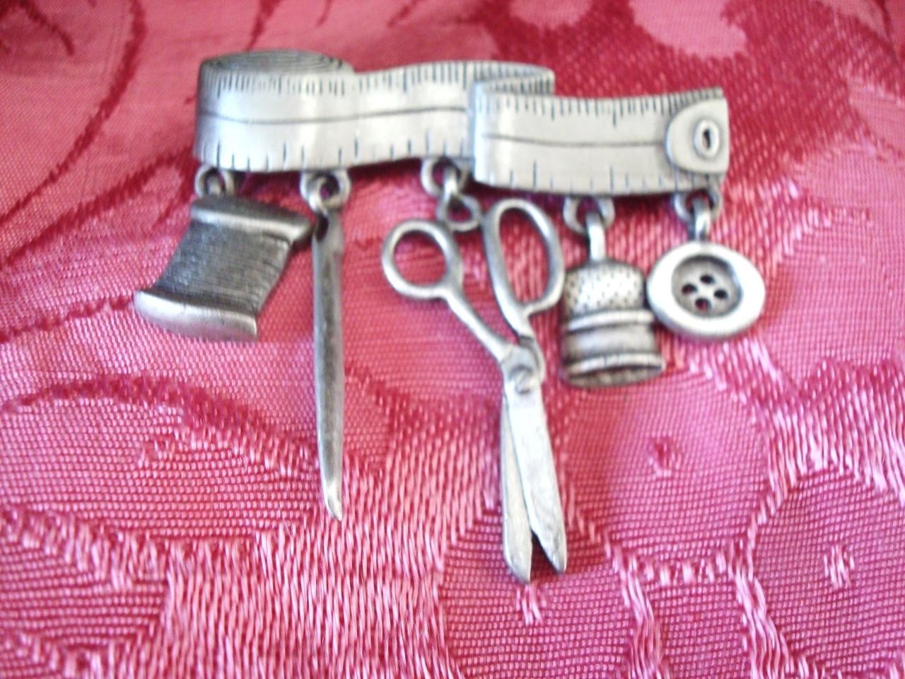 Vintage JJ Jonette Pewter Tape Measure Brooch Thimble Needle Thread Etc. Charms