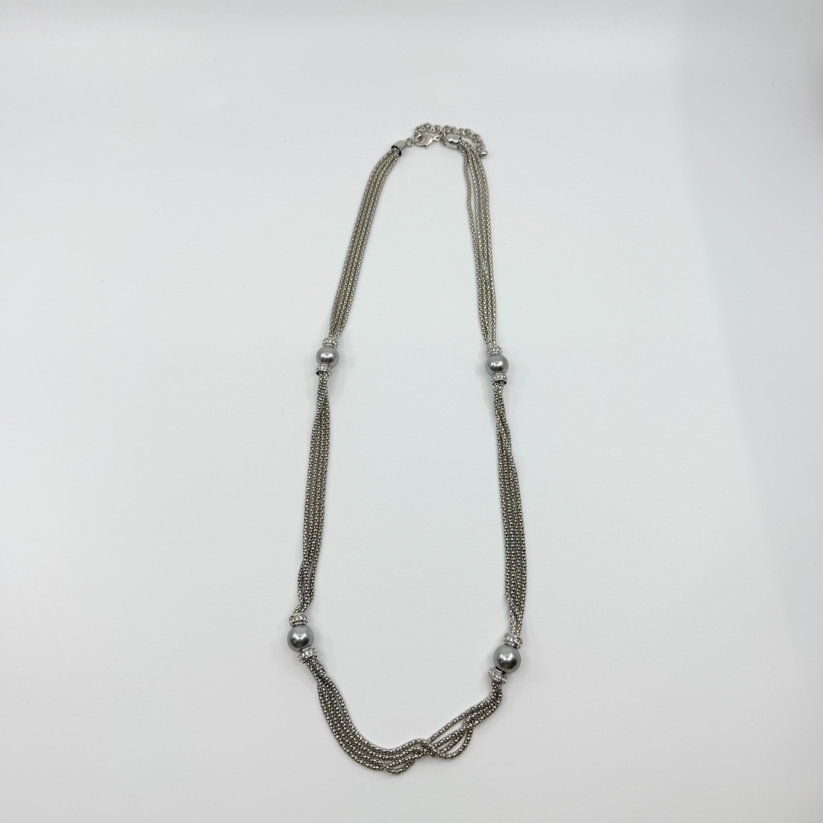 VTG Silver Tone Multi Strand Popcorn Chain Necklace Round Ball Bead Rhinestone
