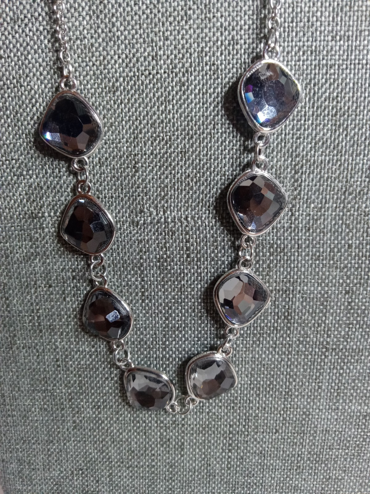 Beautiful Smokey Black Rhinestones on Chain Silver Tone 21 Inches Long