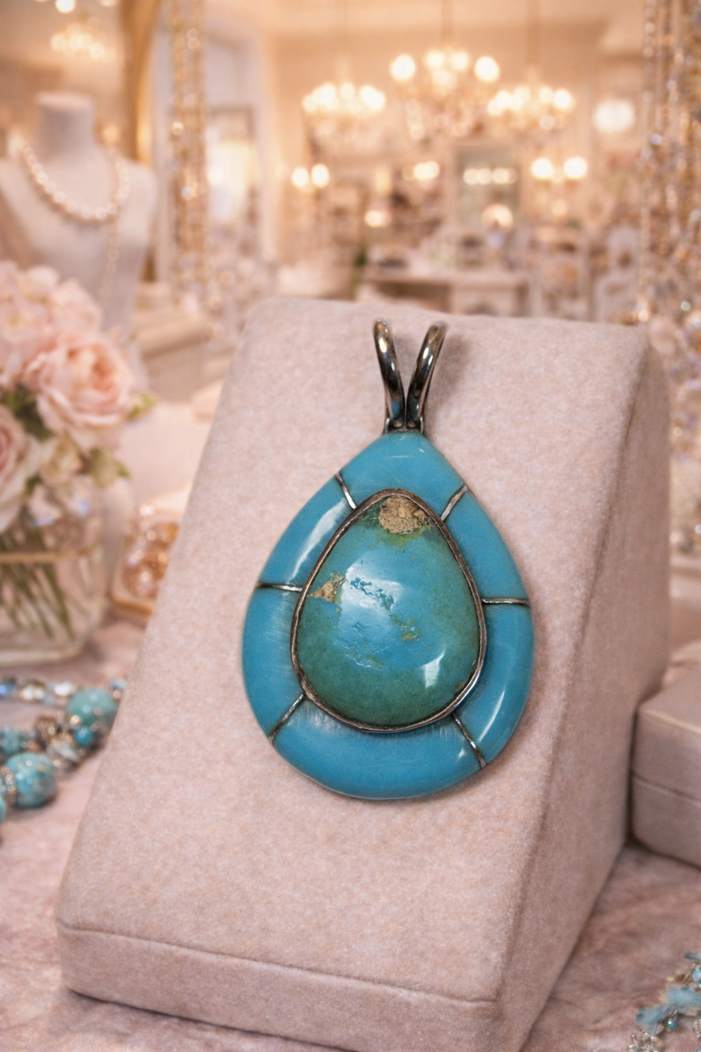 VTG 925 STERLING SILVER Turquoise Teardrop Inlay Pendant 6.47 gm CHIPS