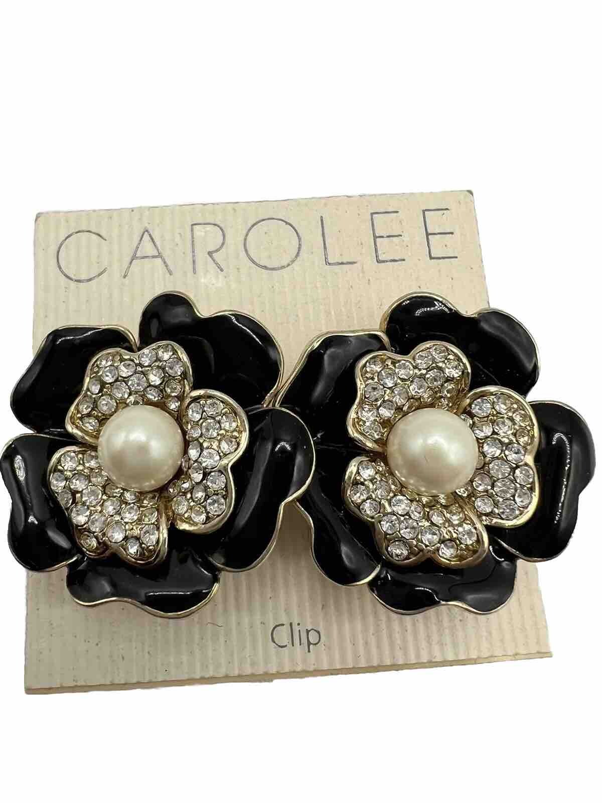 Carolee Clip On Earring Black Enamel Flower Rhinestones Faux Pearl 1 1/2″ Across