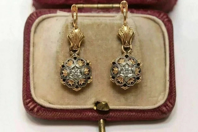 Vintage 2CT Lab Created Diamond Earring Art Deco Drop 14K Two-Tone Gold Finish
