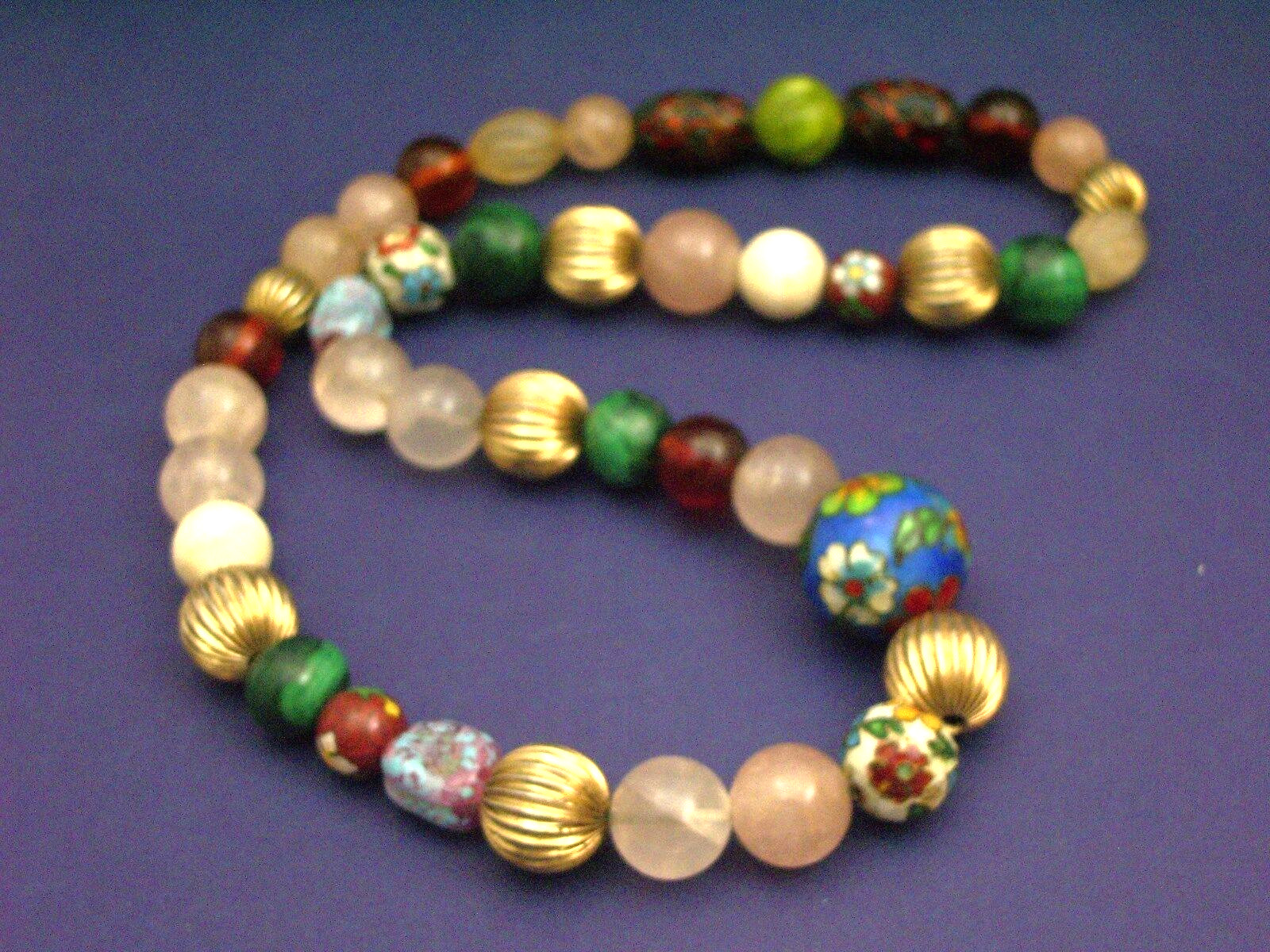 Venetian unique beaded necklace enamel malachite rose quartz stunning Estate