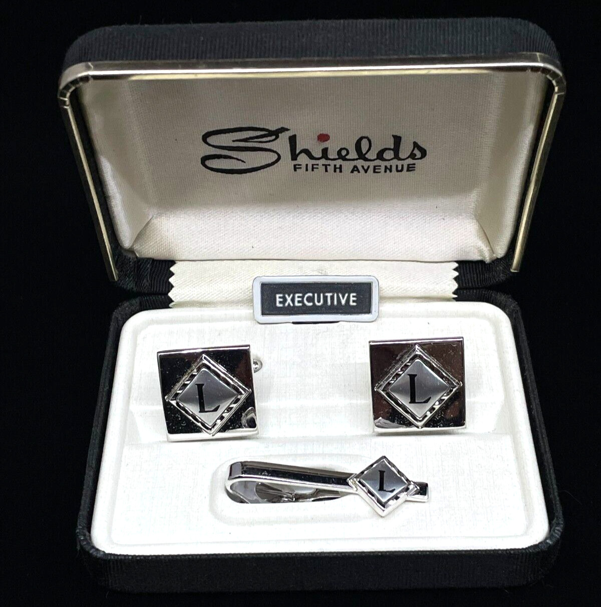 NOS Shields Fifth Avenue Executive Silver “L” Monogram Cuff Links & Tie Clip Set