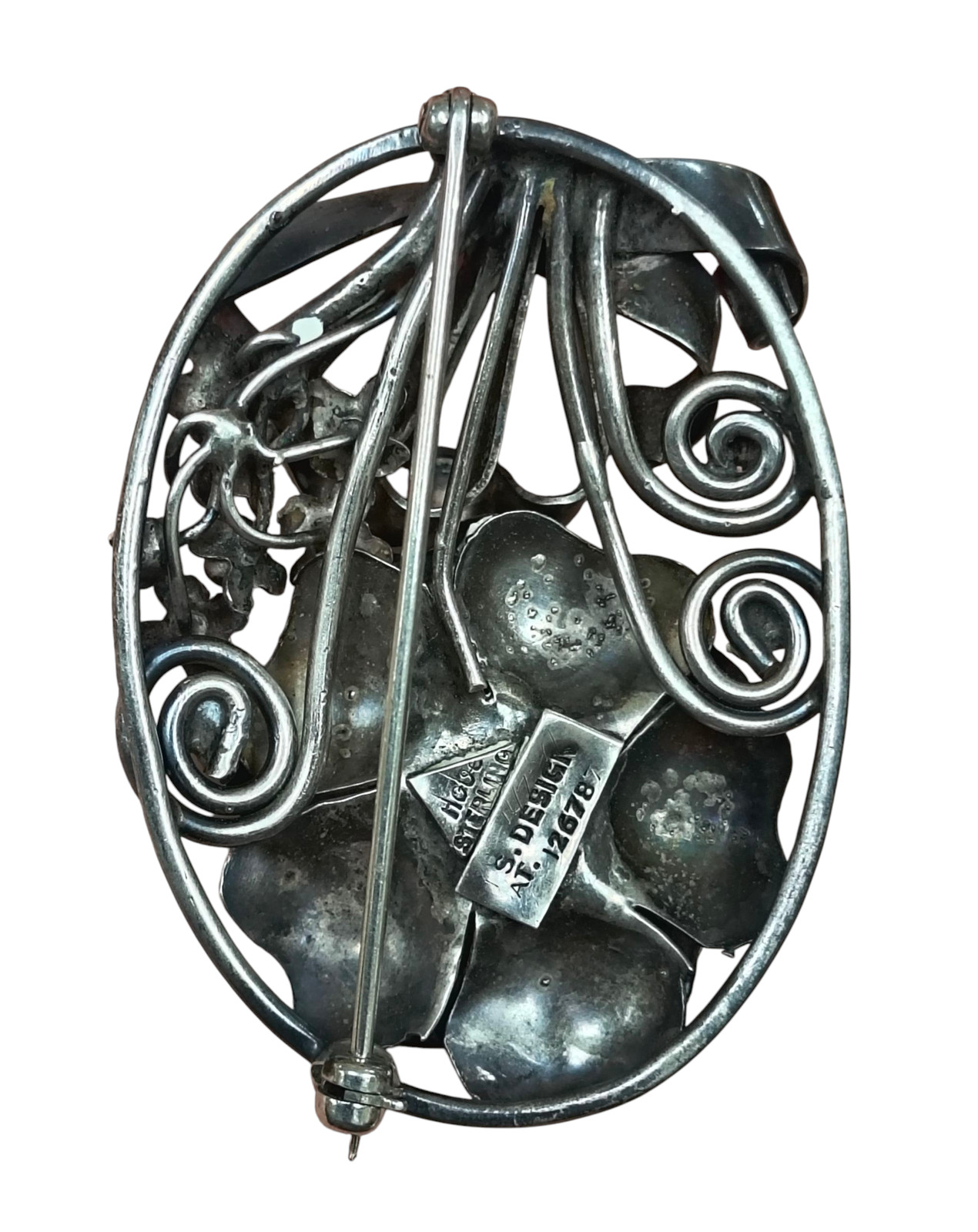 1940’s S Design Hobe Sterling Silver Floral Swirl Stem Bouquet Oval Pin Brooch