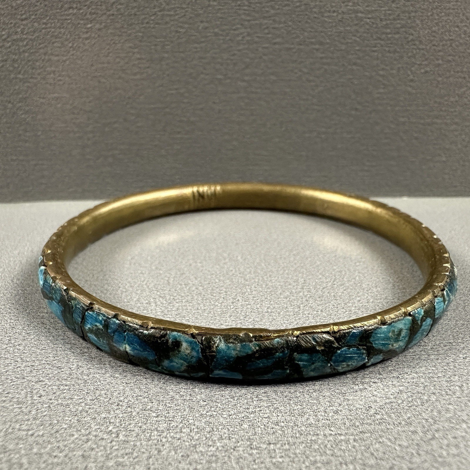 Vintage India Bangles Bracelet Mosaic Stone Brass Blue Green Inlay Set of 2