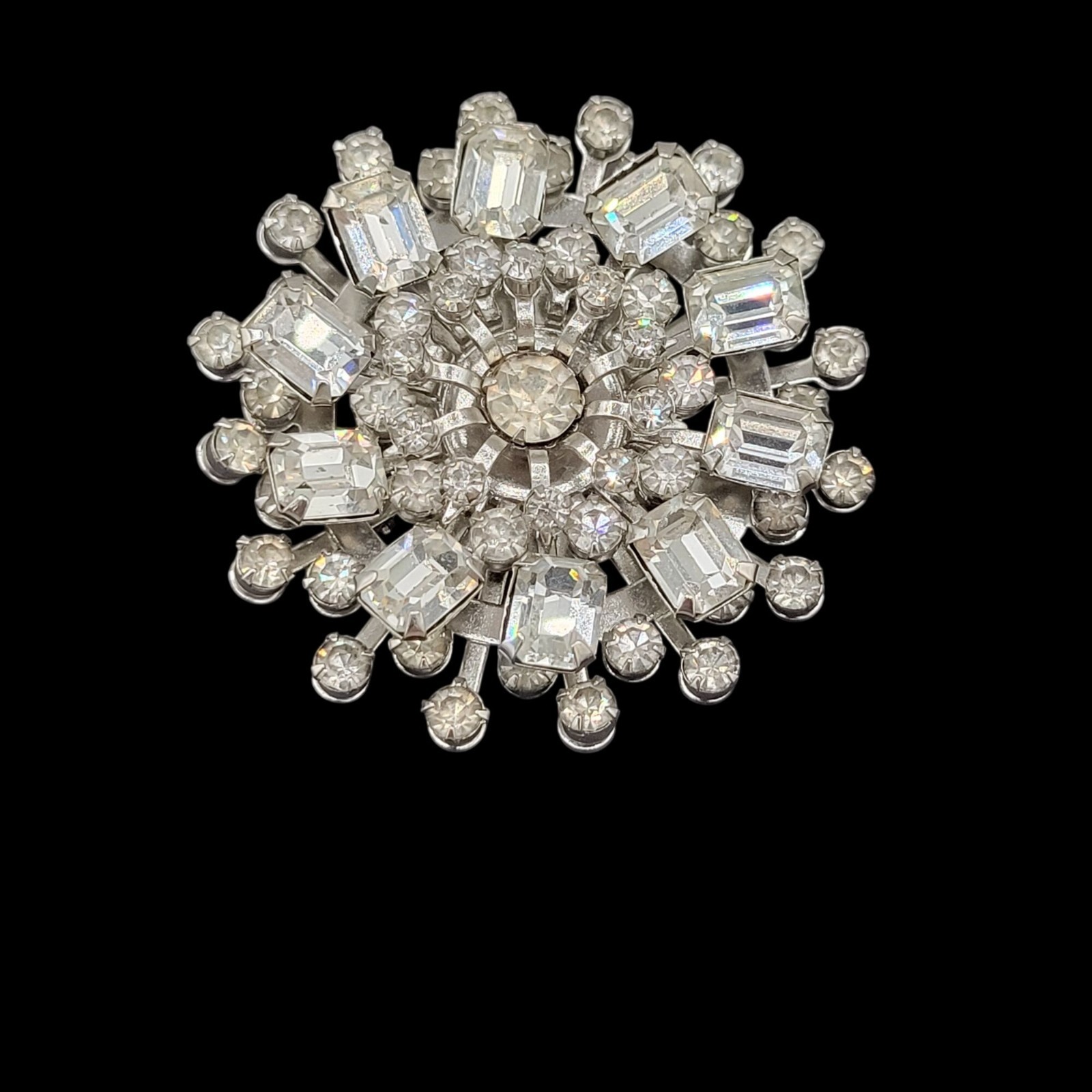 Vintage Clear Rhinestone Floral Cluster Brooch Layered Mid Century Statement