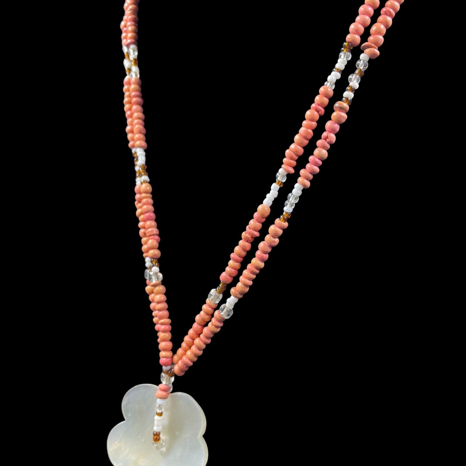 Bohemian Coral Beaded Necklace Mother Of Pearl Flower Pendant Vintage Cottagecor