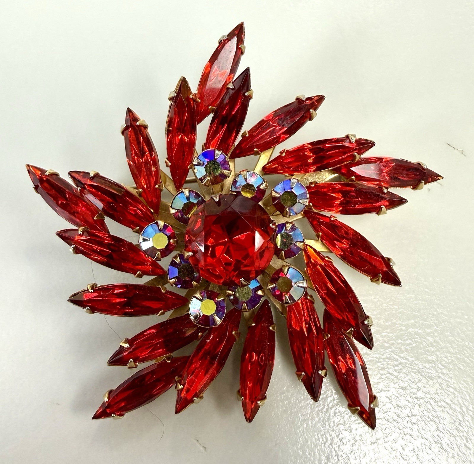 Vintage Juliana Style Red Navette Rhinestone Starburst Brooch AB Gold Tone