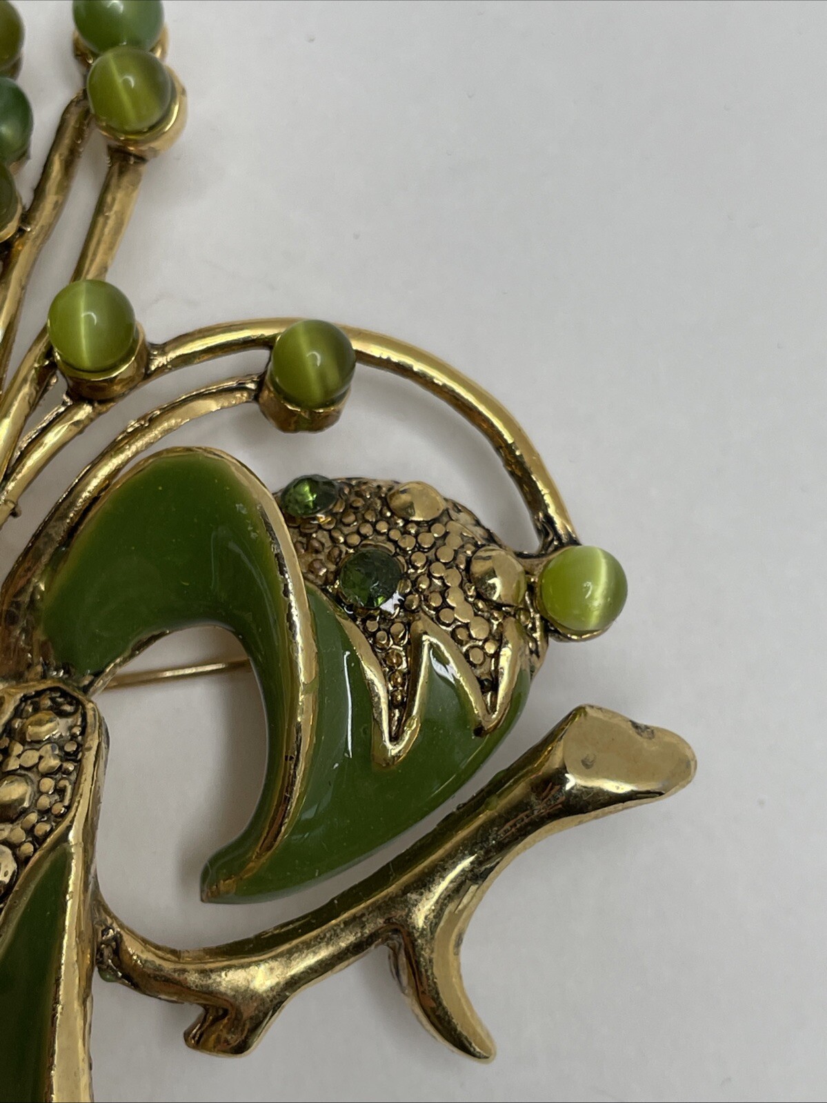 Vintage Green Enamel Floral Brooch Pin with Green Rhinestones and Cabochons RARE