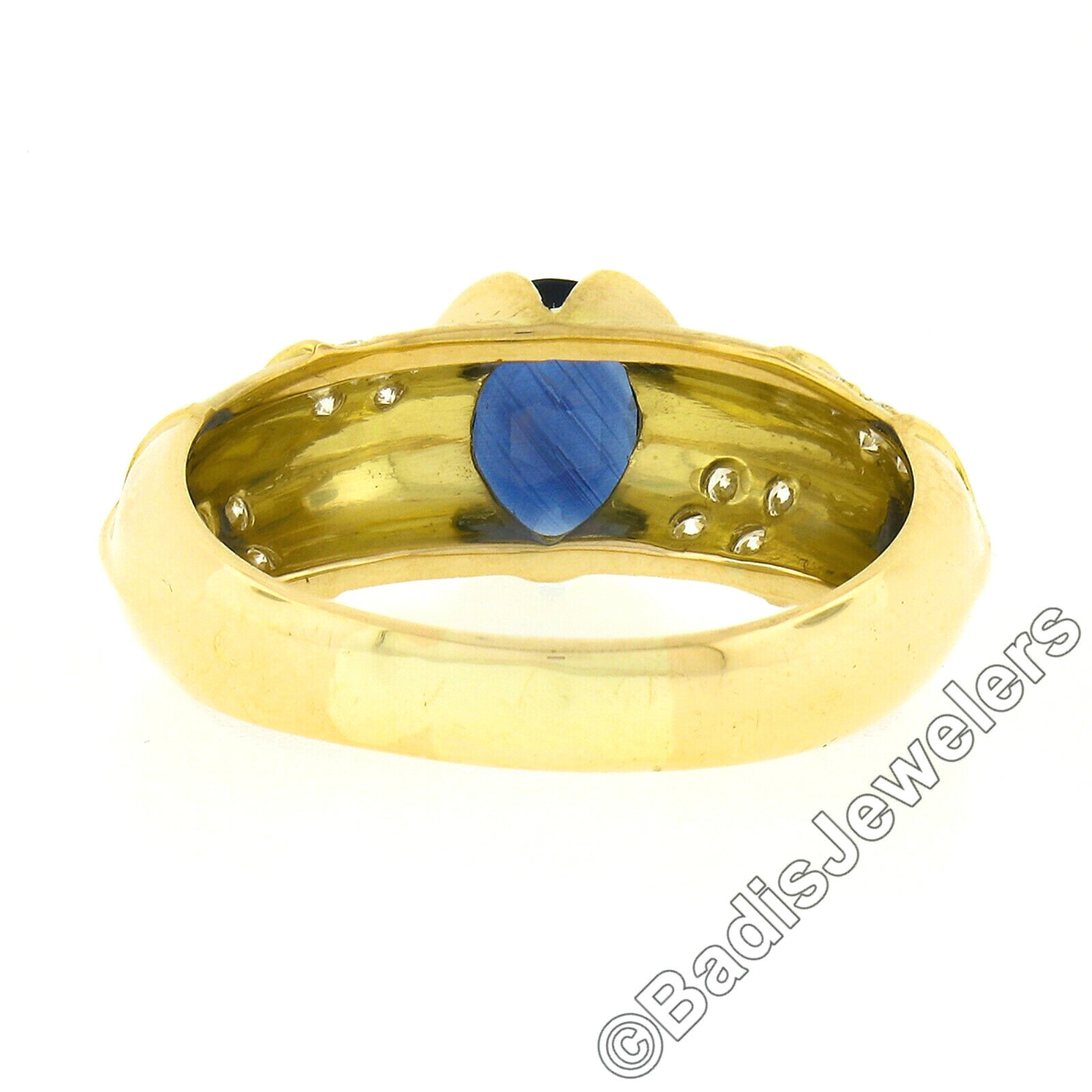 Vintage 18K Gold Oval Sapphire Solitaire w/ Pave Diamond Sides Dual Finish Ring