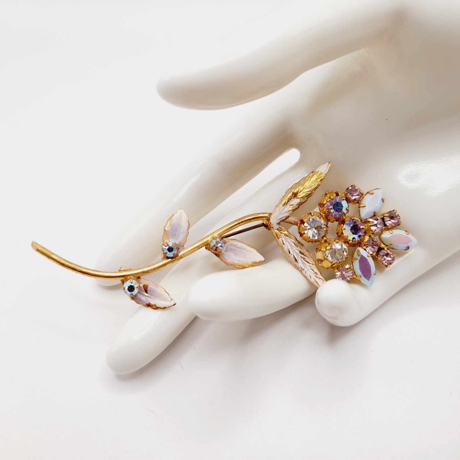 Vintage Gold Tone Floral Brooch AB Rhinestones White Enamel Leaves