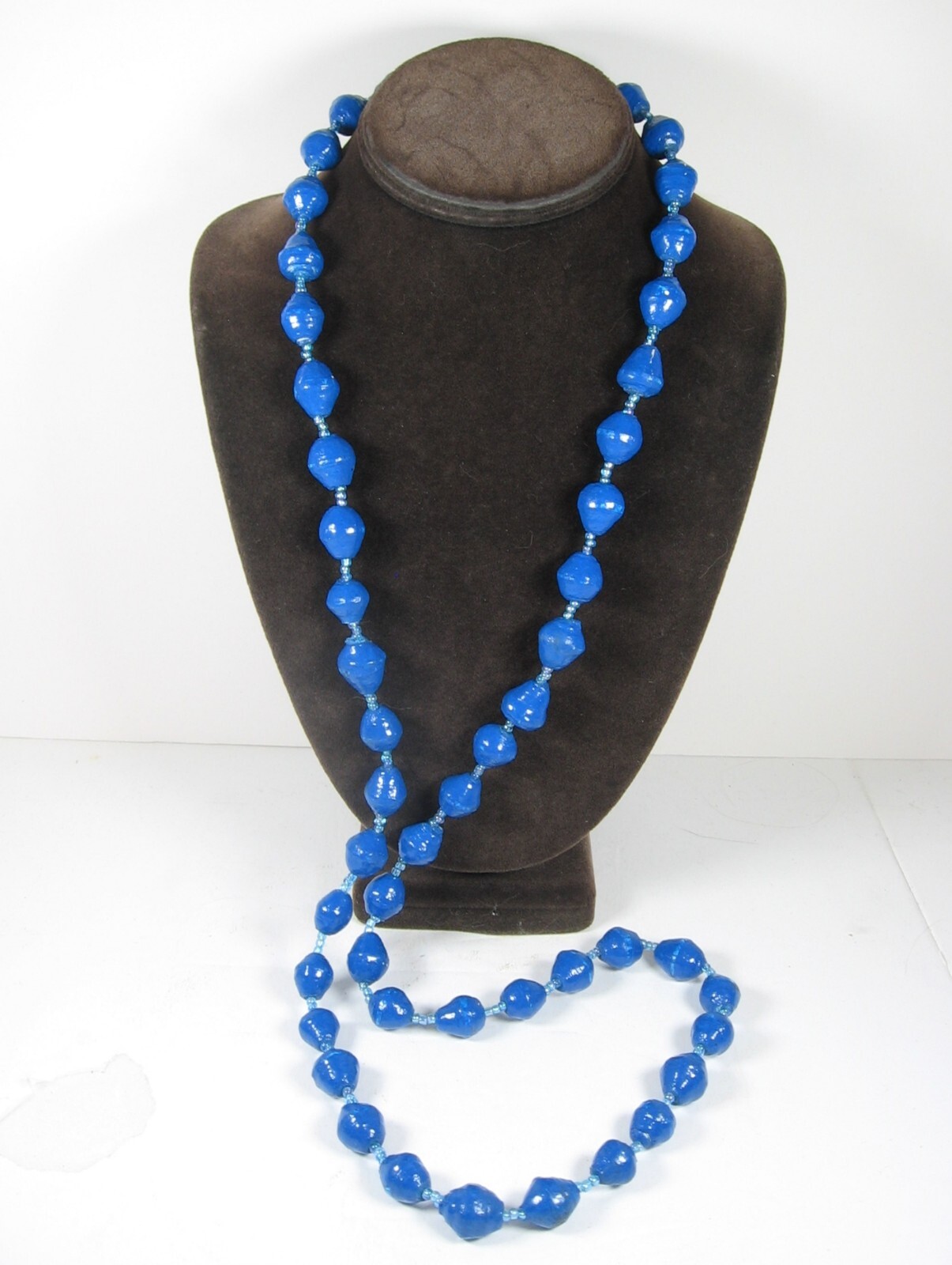 ODD BRIGHT BLUE BEADS Vintage Handcrafted Coated Bicone Beaded Necklace 44″