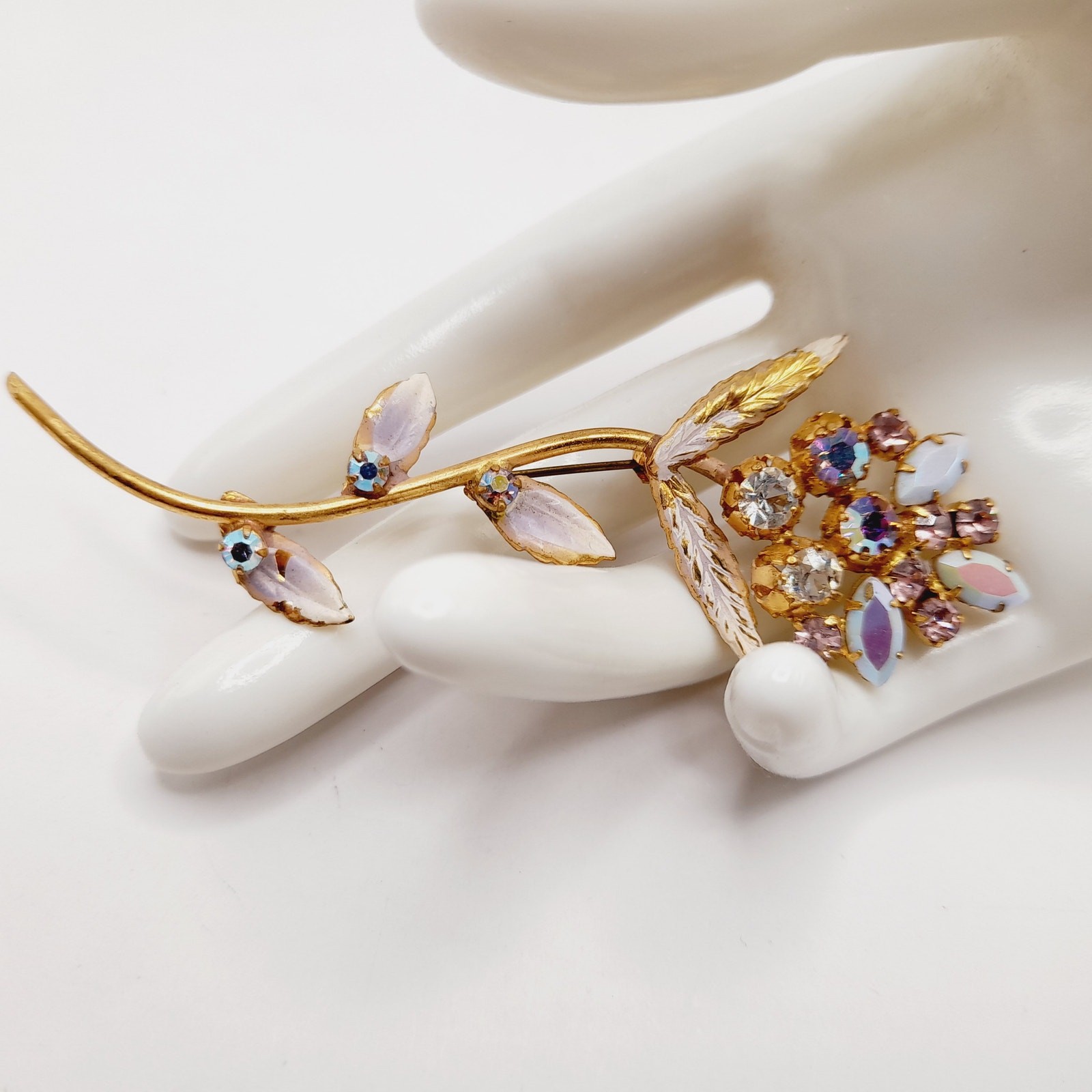 Vintage Gold Tone Floral Brooch AB Rhinestones White Enamel Leaves