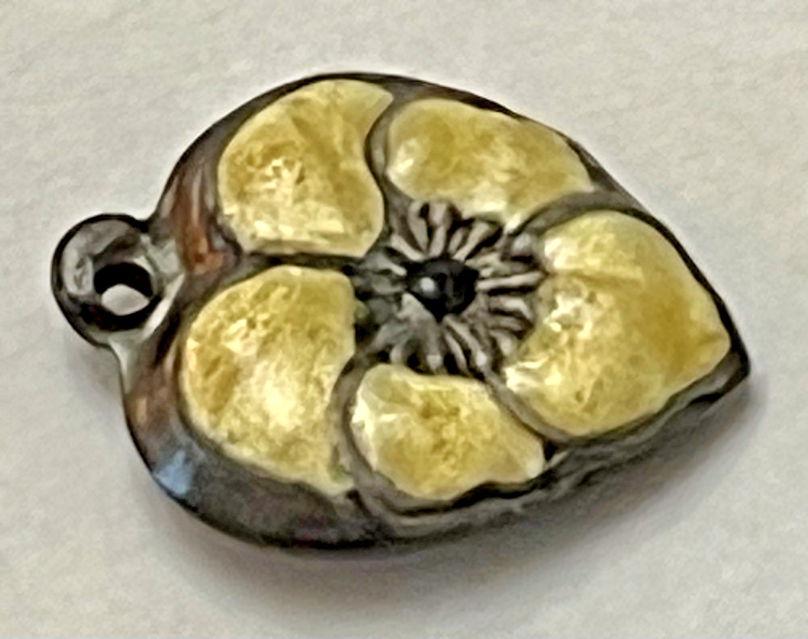 Sterling Silver Heart Flower Charm Puffy Enamel Pansy 925 Vintage Stamped Yellow