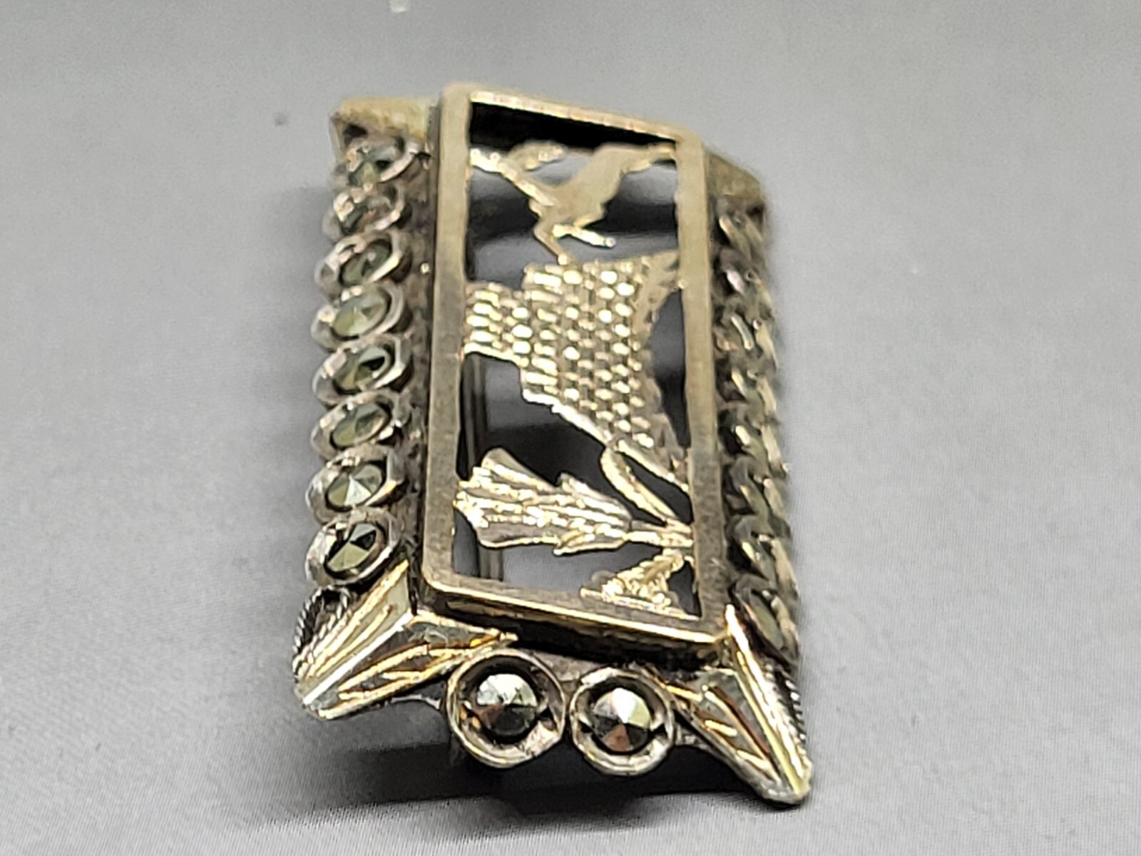 Egyptian Revival Era Marcasite 9 Karat Gold on .925 Sterling Silver Pin Brooch