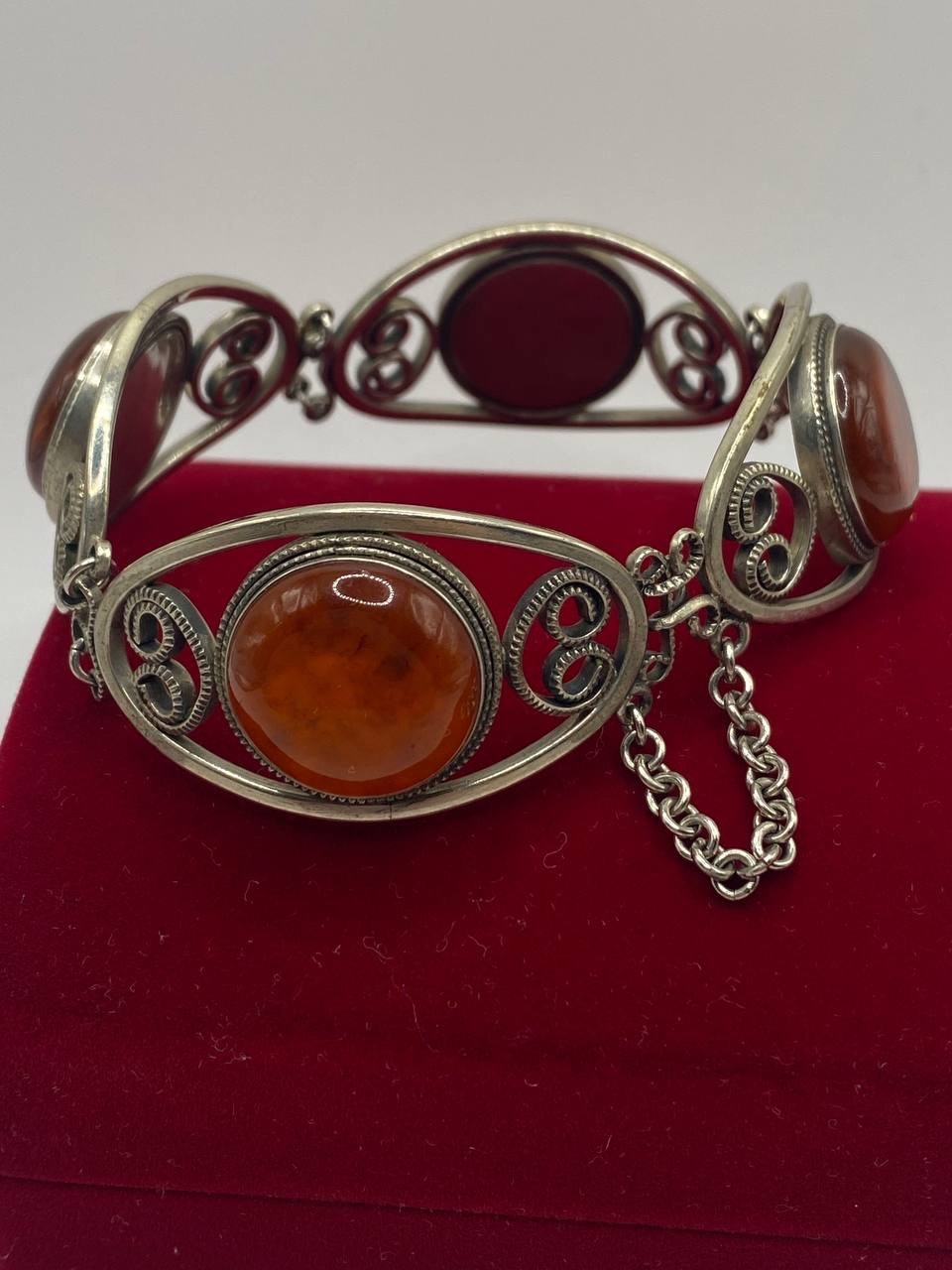 Antique Soviet filigree Chalcedony Silver Bracelet Hand Crafted