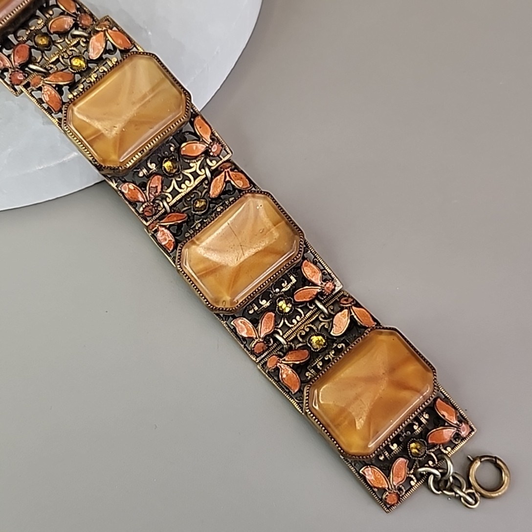 Vintage Panel Bracelet Brown Faux Star Sapphire Peach Enamel Fall Autumn 7.25″