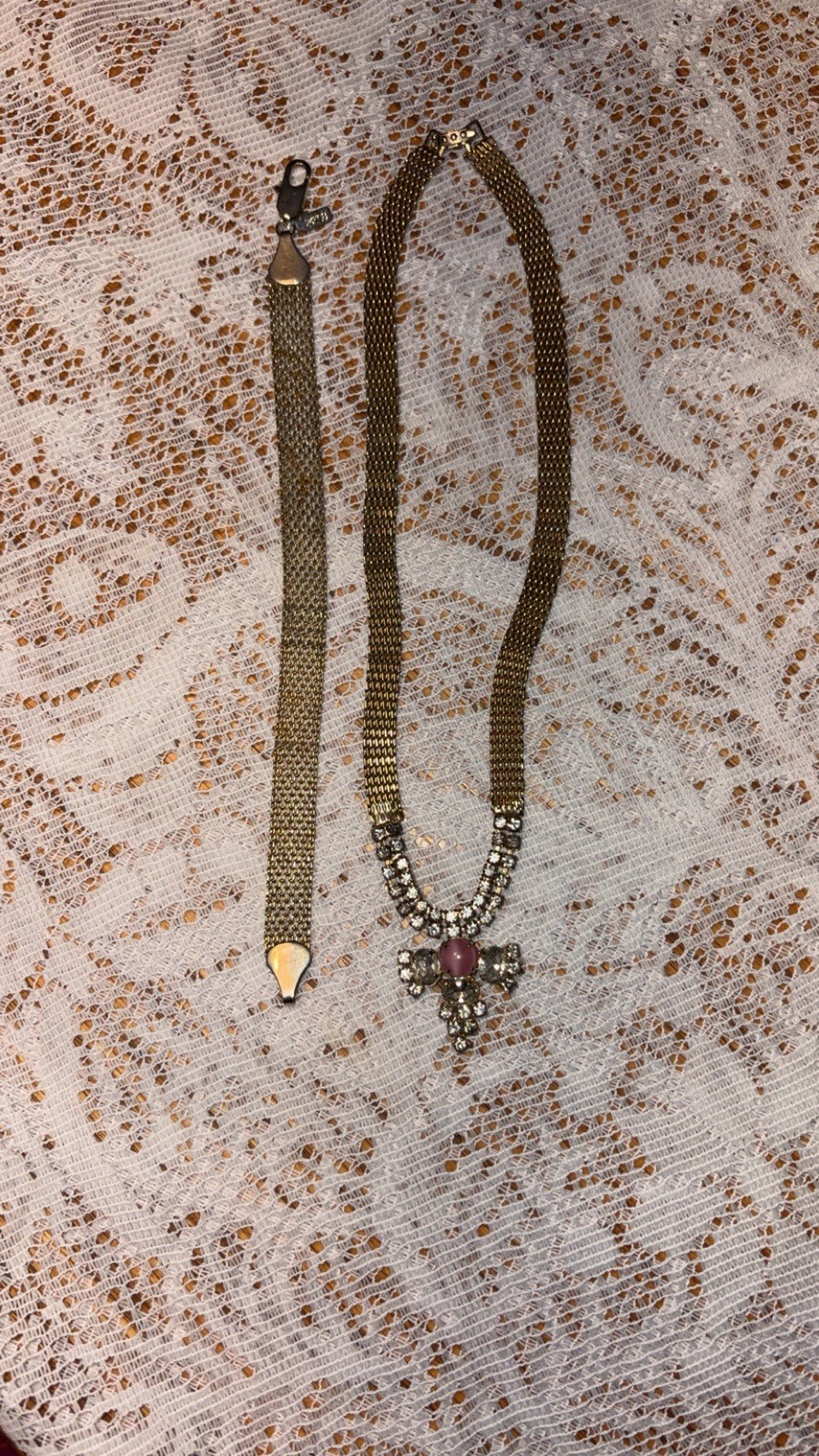 Vtg 1950s 24kGB Gold Bonded Mesh Choker Necklace Bracelet Set Pink Cabochon MCM