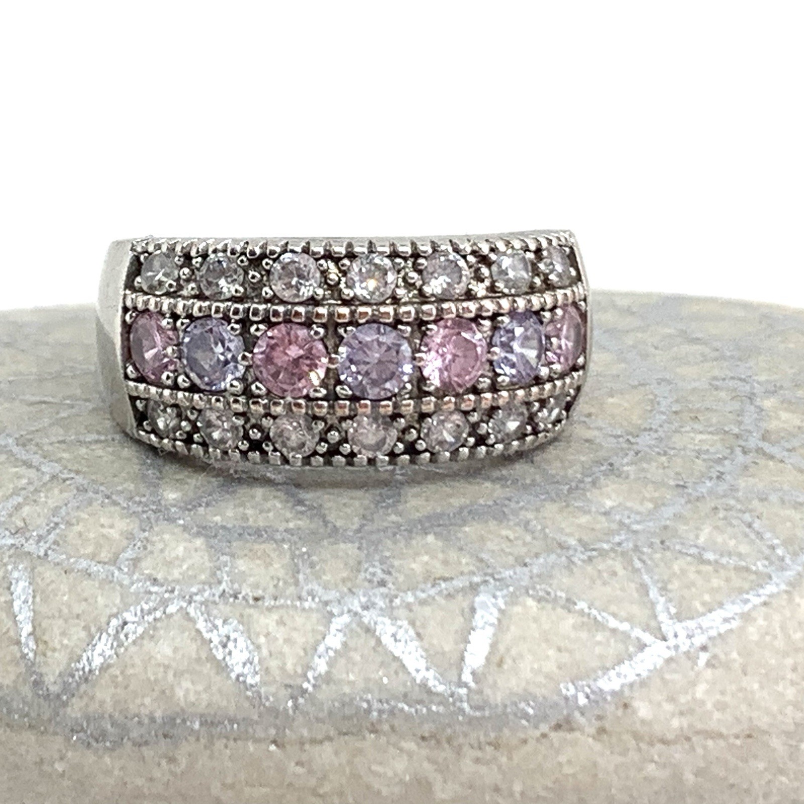 925 Sterling Silver Pink Light Purple White Topaz Three Row Band Ring Sz 6.25