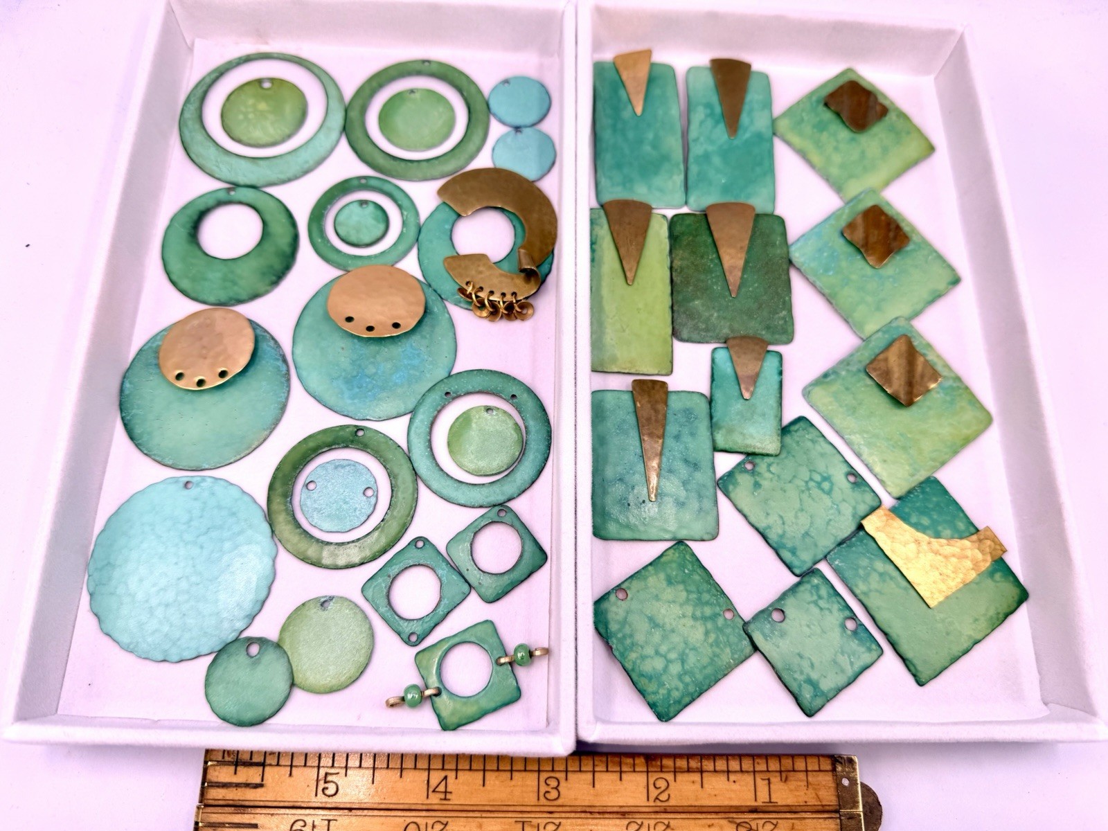34 Pcs Vintage Handmade Hammered Brass Copper Layered Enamel Green Findings