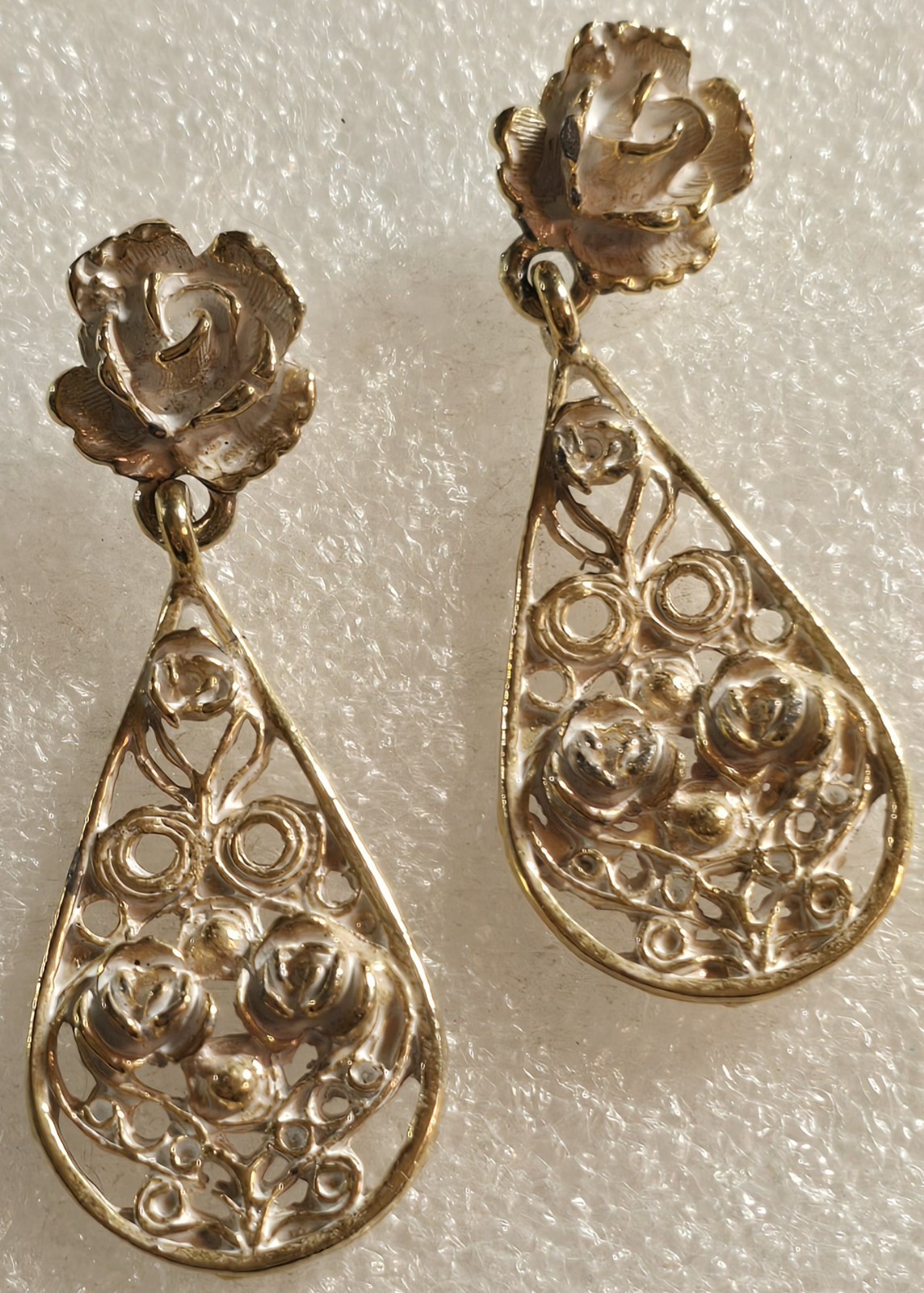 Vintage White Enamel Roses Cannetille Etruscan style Drop Pierced Earrings