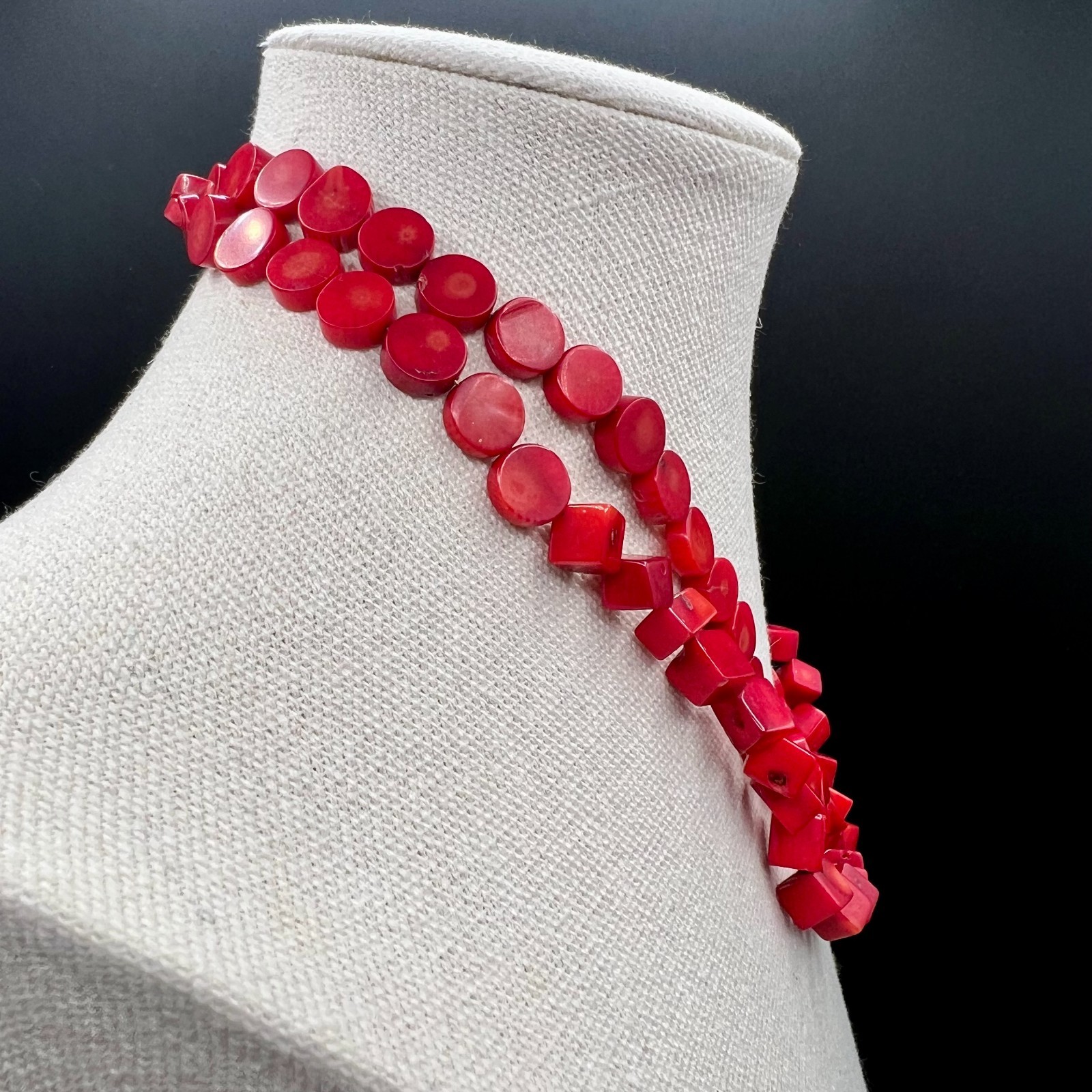 Vintage Natural Red Coral Necklace Double Strand Choker Disc Cube Beads 16″