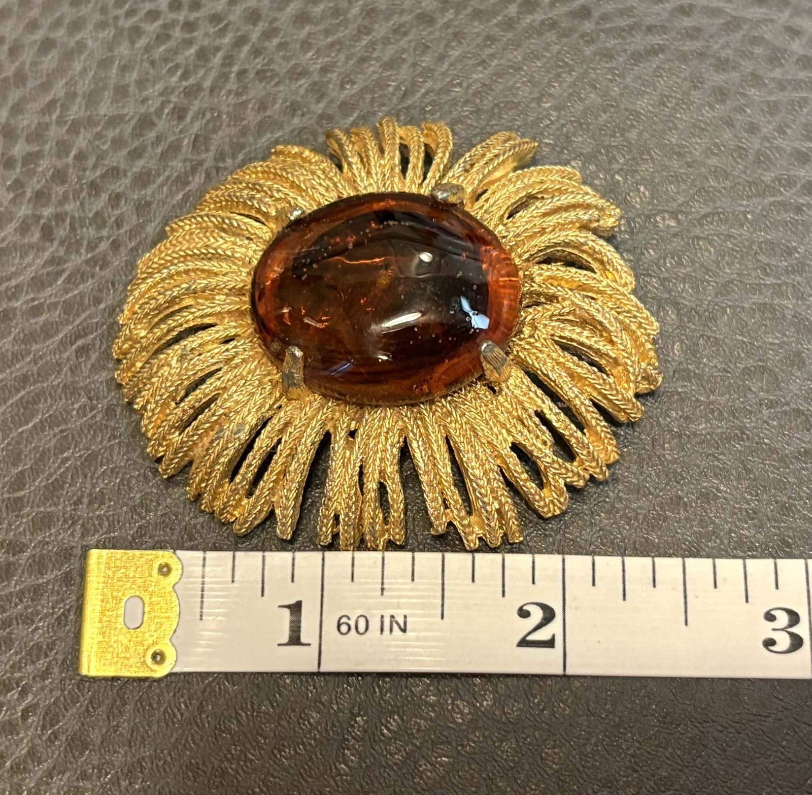 Vintage HUGE Modernist Brutalist Brooch Faux Amber Cabochon Rhinestone Gold Tone