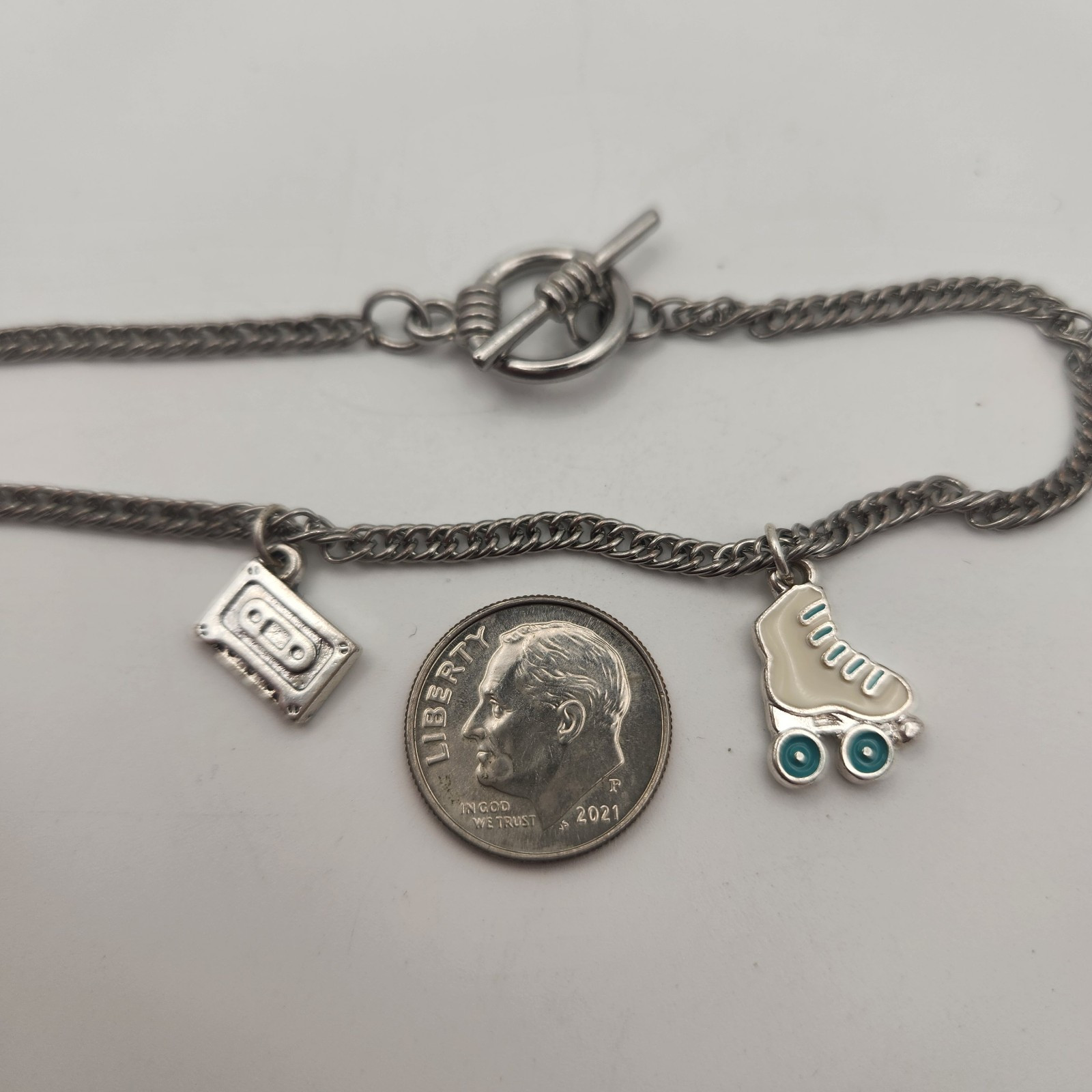 Vintage Silvertone Charm Bracelet Toggle Closure 8.5″ Retro Skate Cassette Tape