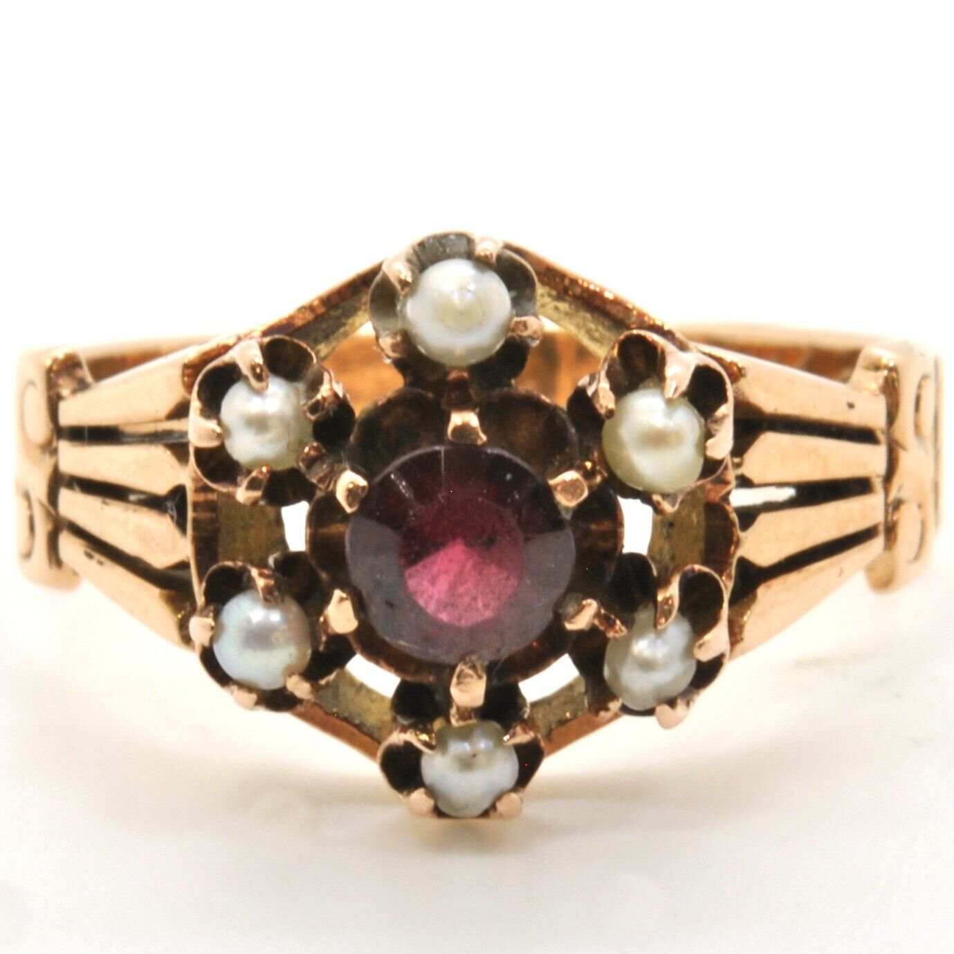Antique Victorian Ladies 9k Pink Gold Red Spinel Seed Pearl Gemstone Estate Ring