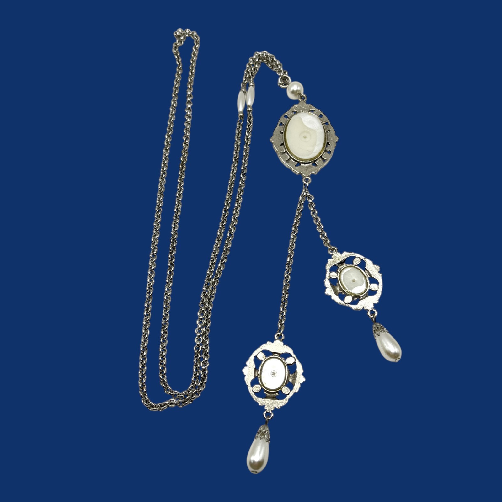 Vintage Y Drop Necklace Imitation Pearl Cabochon Dangle Charm Victorian Style
