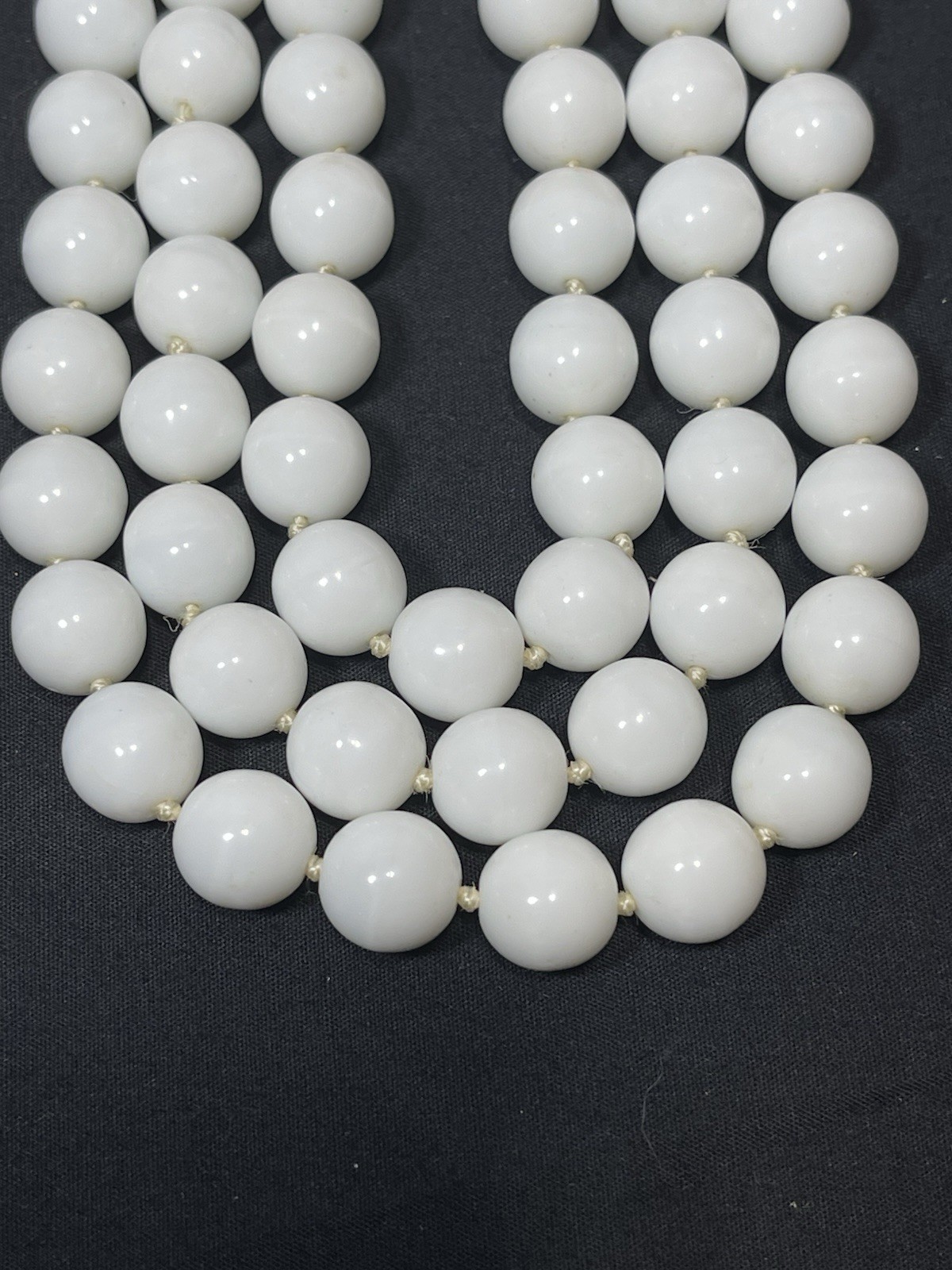 Vintage Les Bernard 3 Strand Hand Knot White Milk Glass Beaded Choker Necklace