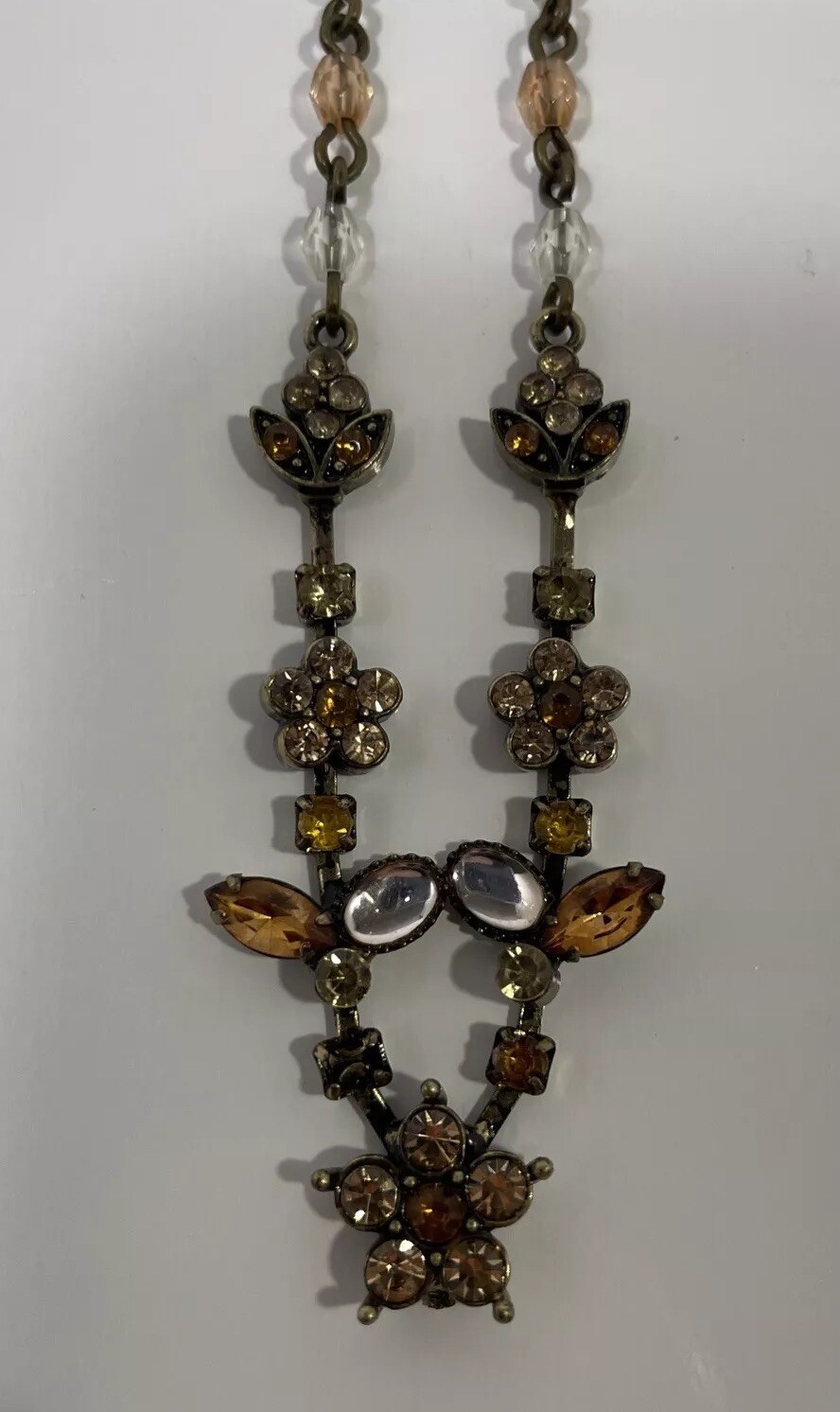 Antiqued Avon brass & topaz rhinestone Flower leaves necklace