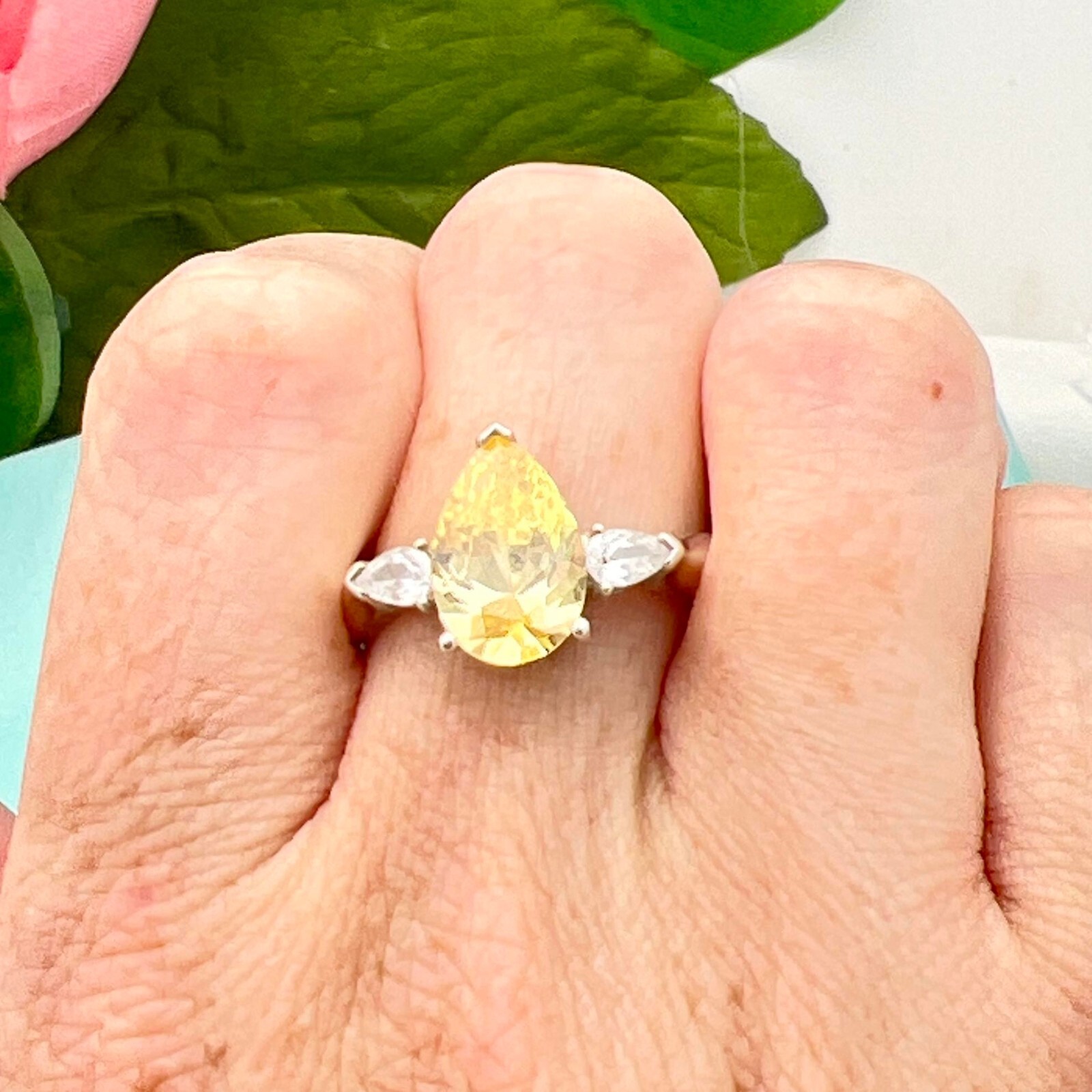 Sterling Silver 3 Carat Teardrop Yellow Citrine & Cubic Zirconia Ring-Vintage